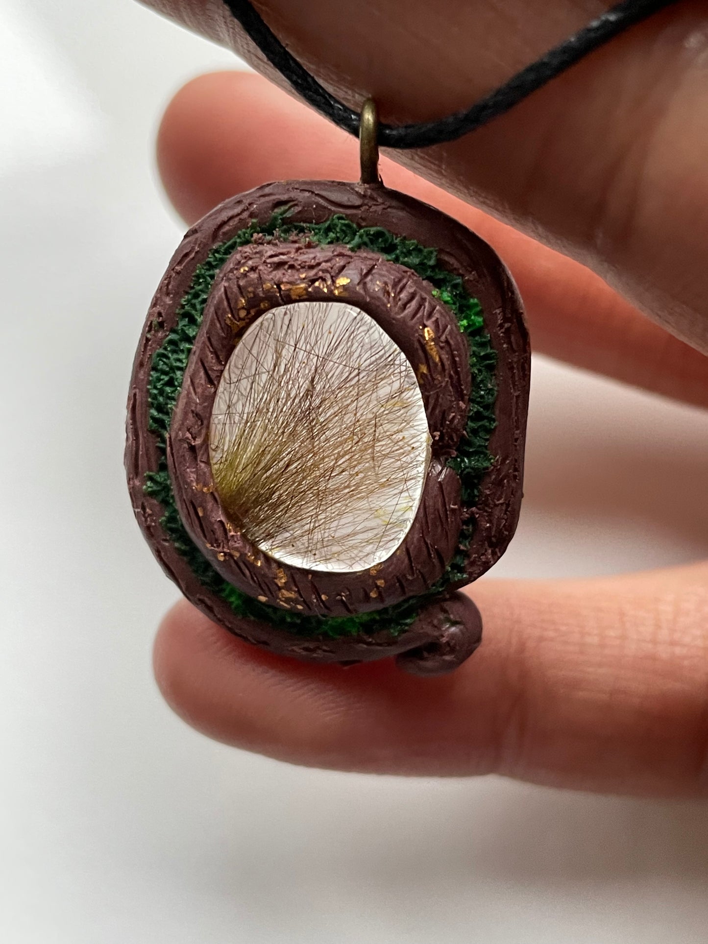 Gold Rutile Quartz Crystal Gemstone - Enchanted Forest Clay Necklace