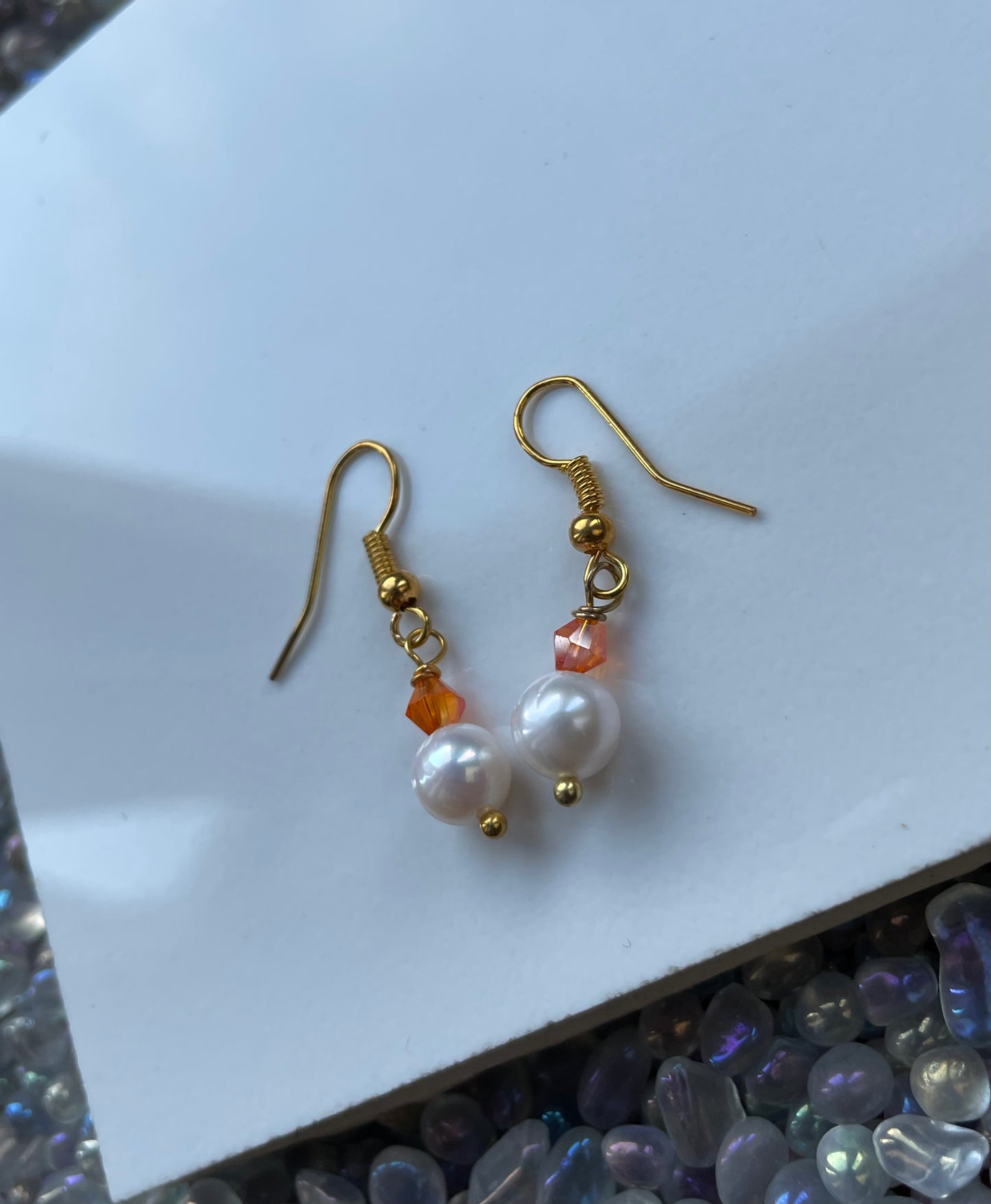 White Cultured Pearl Gemstone & Orange Crystal Drop Earrings - Gold