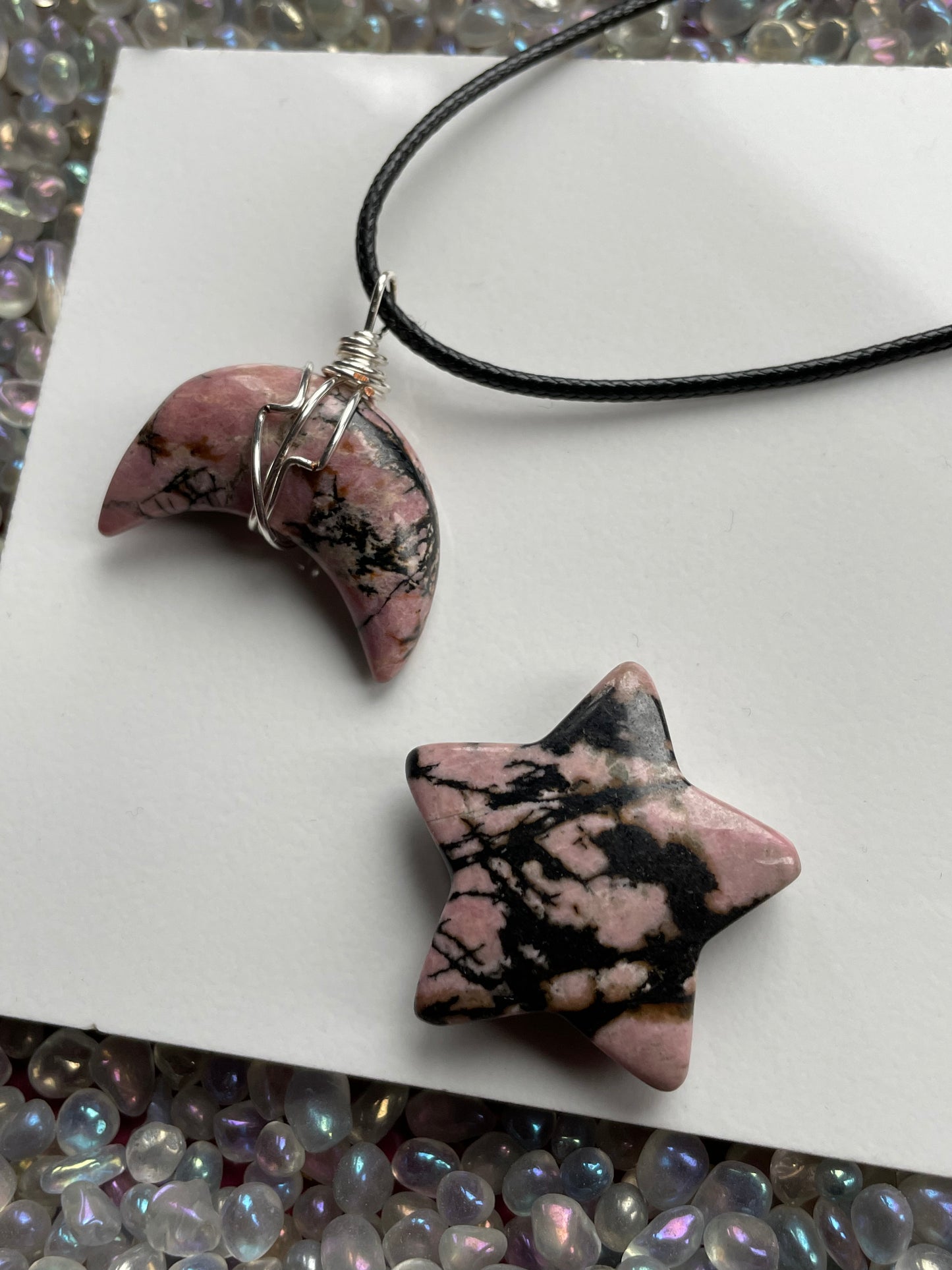Rhodonite Crystal Gemstone Moon Necklace & Star Gift Set