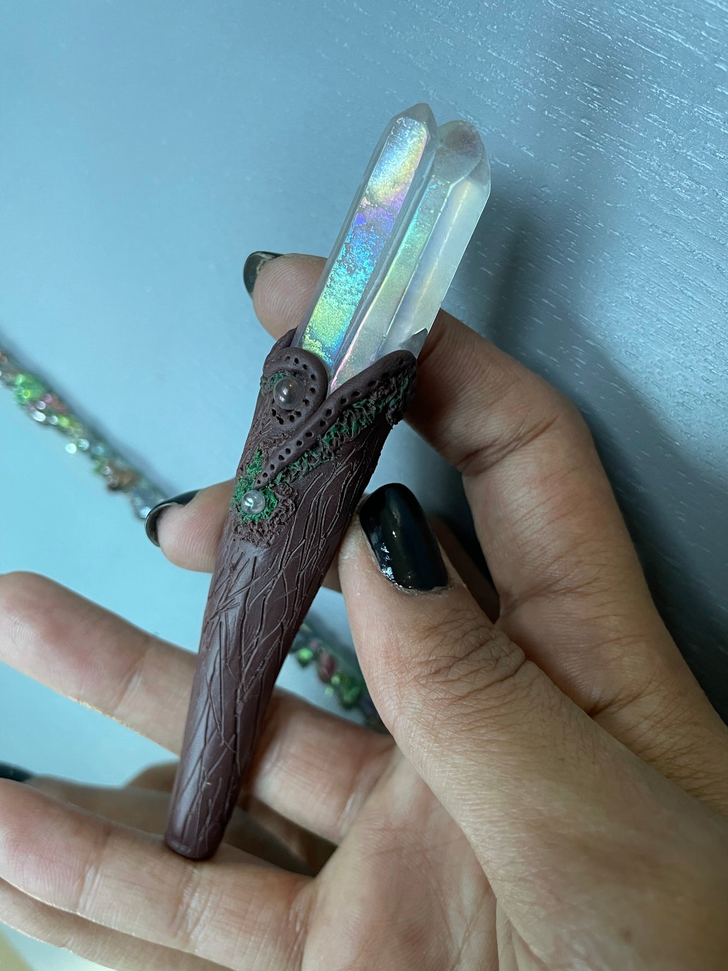Angel Aura Quartz Crystal Gemstone Wooden Clay Wand (2)