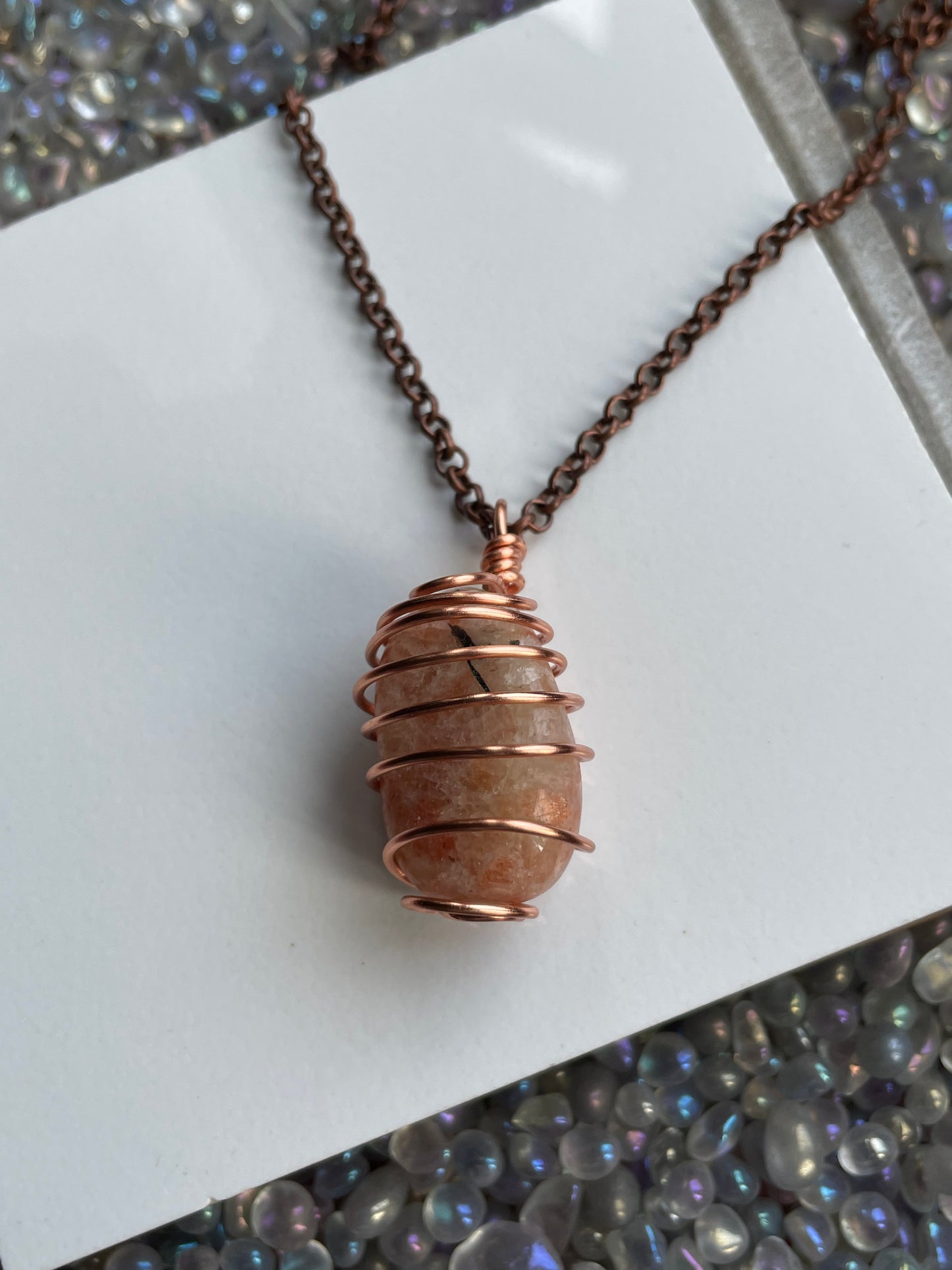 Sunstone Gemstone Crystal Spiral Copper Wire wrapped Necklace