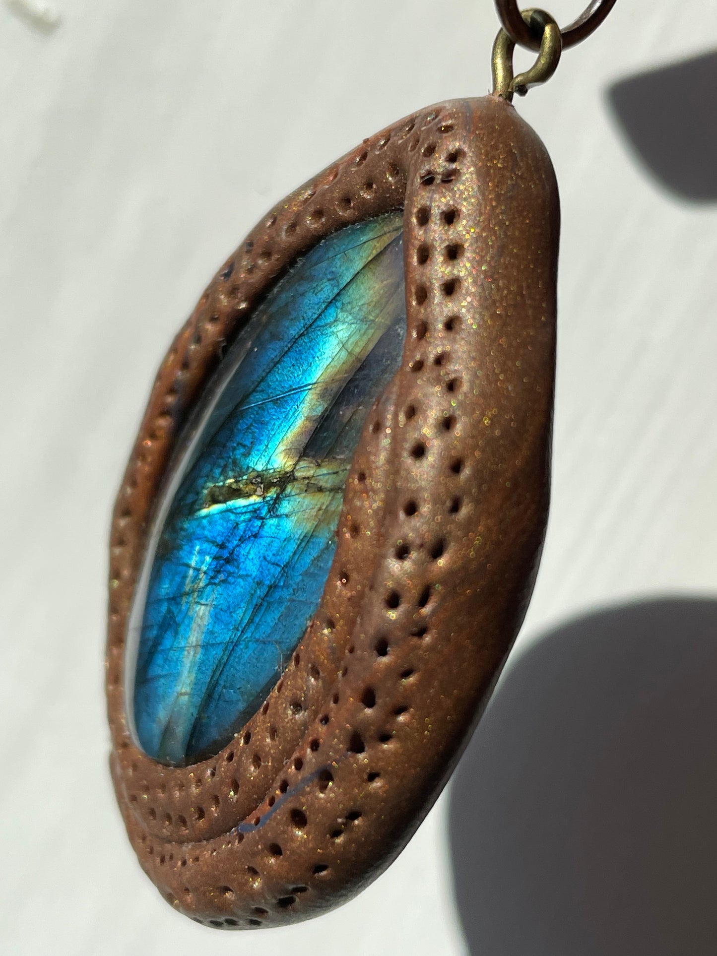 Blue Labradorite Crystal Gemstone Gold Clay Pendant Necklace