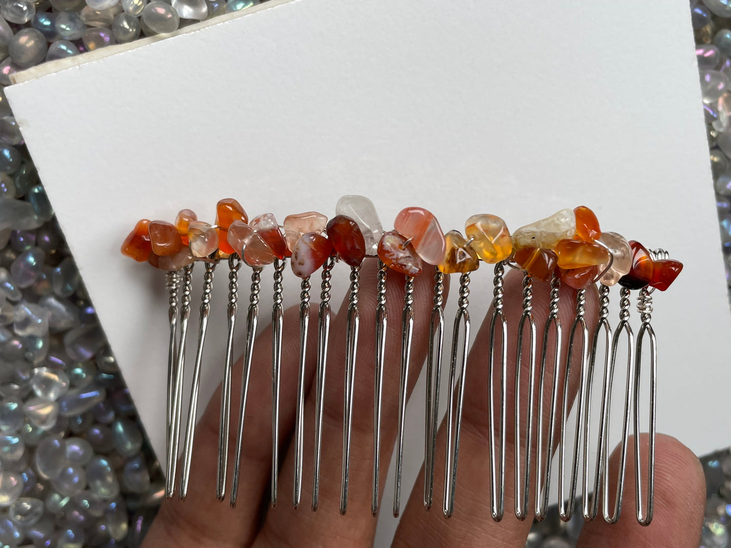 Carnelian Rough Crystal Gemstone Silver Hair Comb