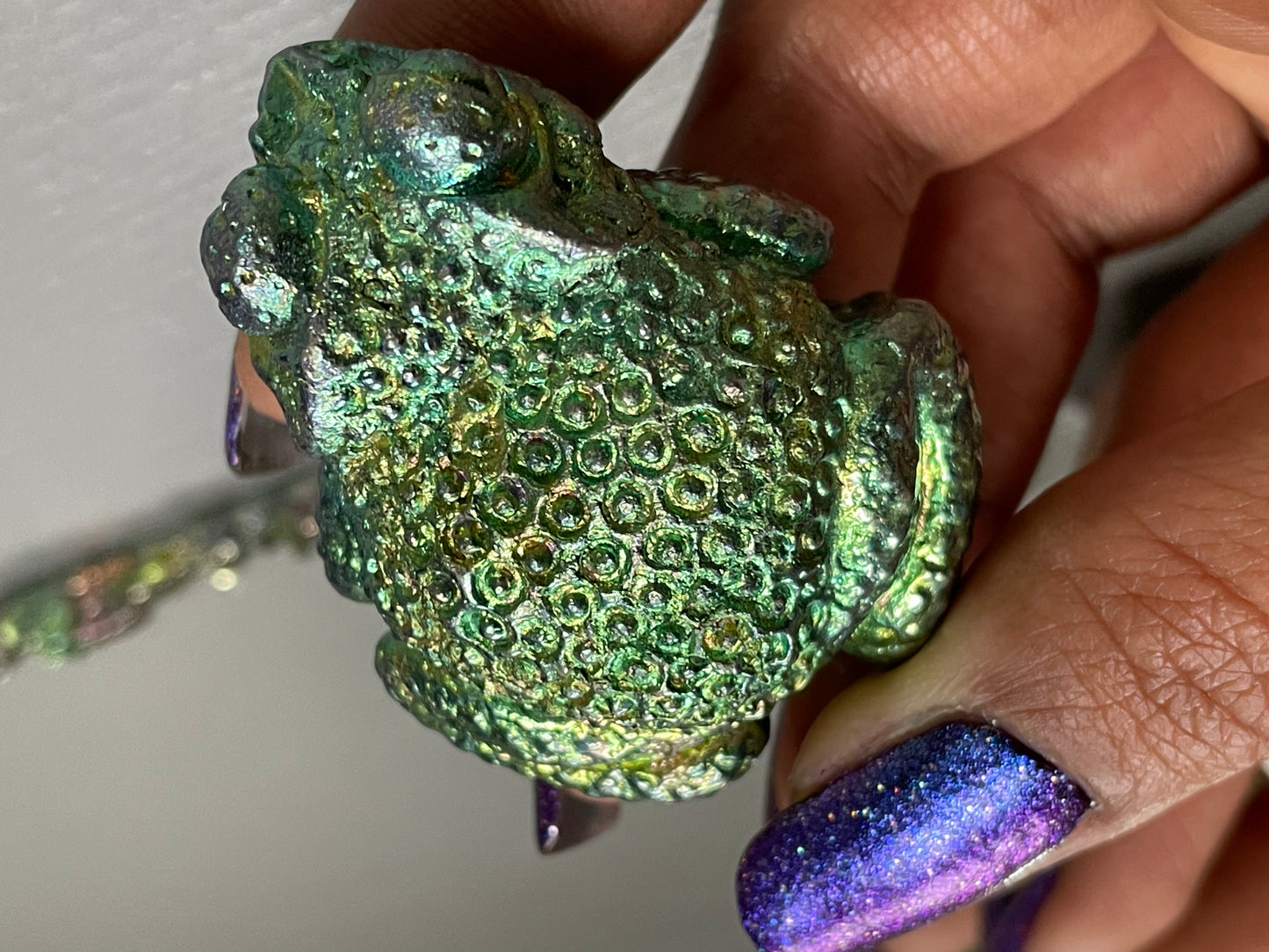Green Teal Bismuth Crystal Small Toad Metal Art Sculpture