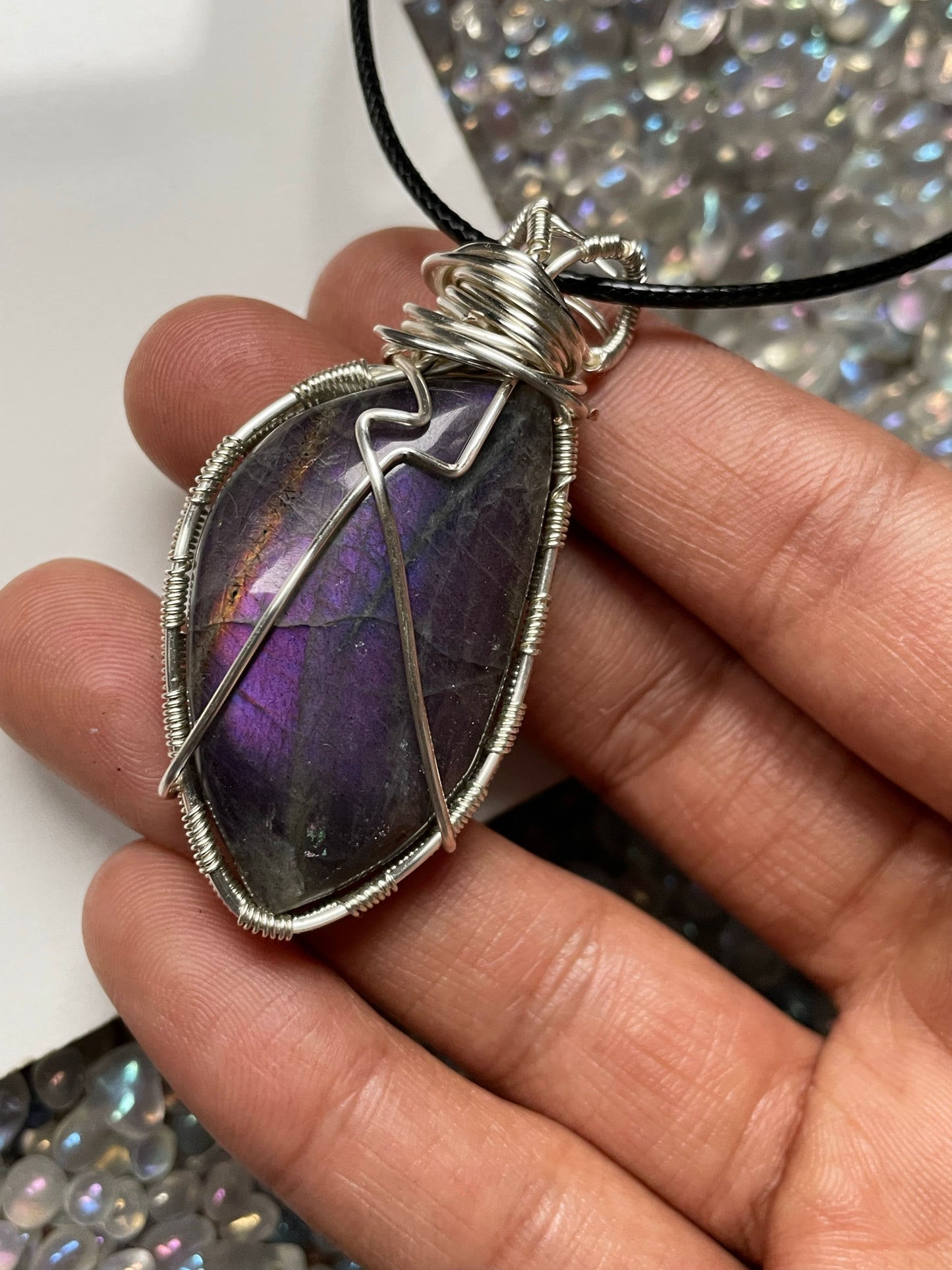 Purple Orange Labradorite Crystal Gemstone Silver Wire Necklace