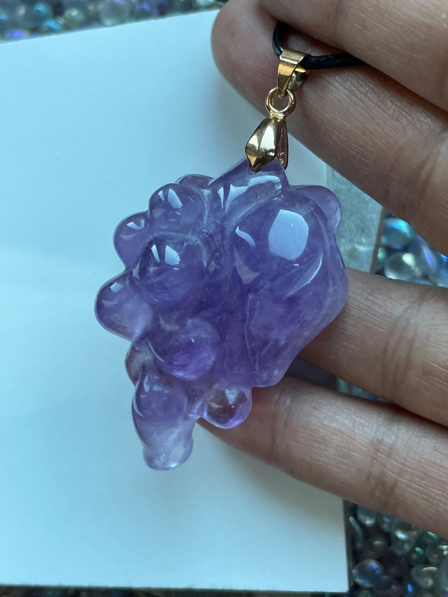 Amethyst Grape Carving Crystal Gemstone Pendant Necklace - Gold