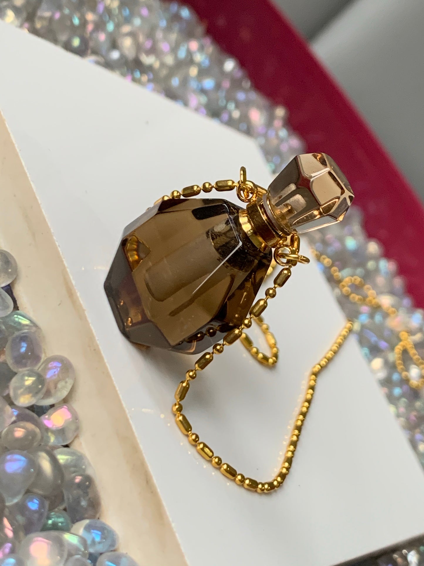Smoky Quartz Crystal Gemstone Aromatherapy Perfume Bottle Pendant Necklace