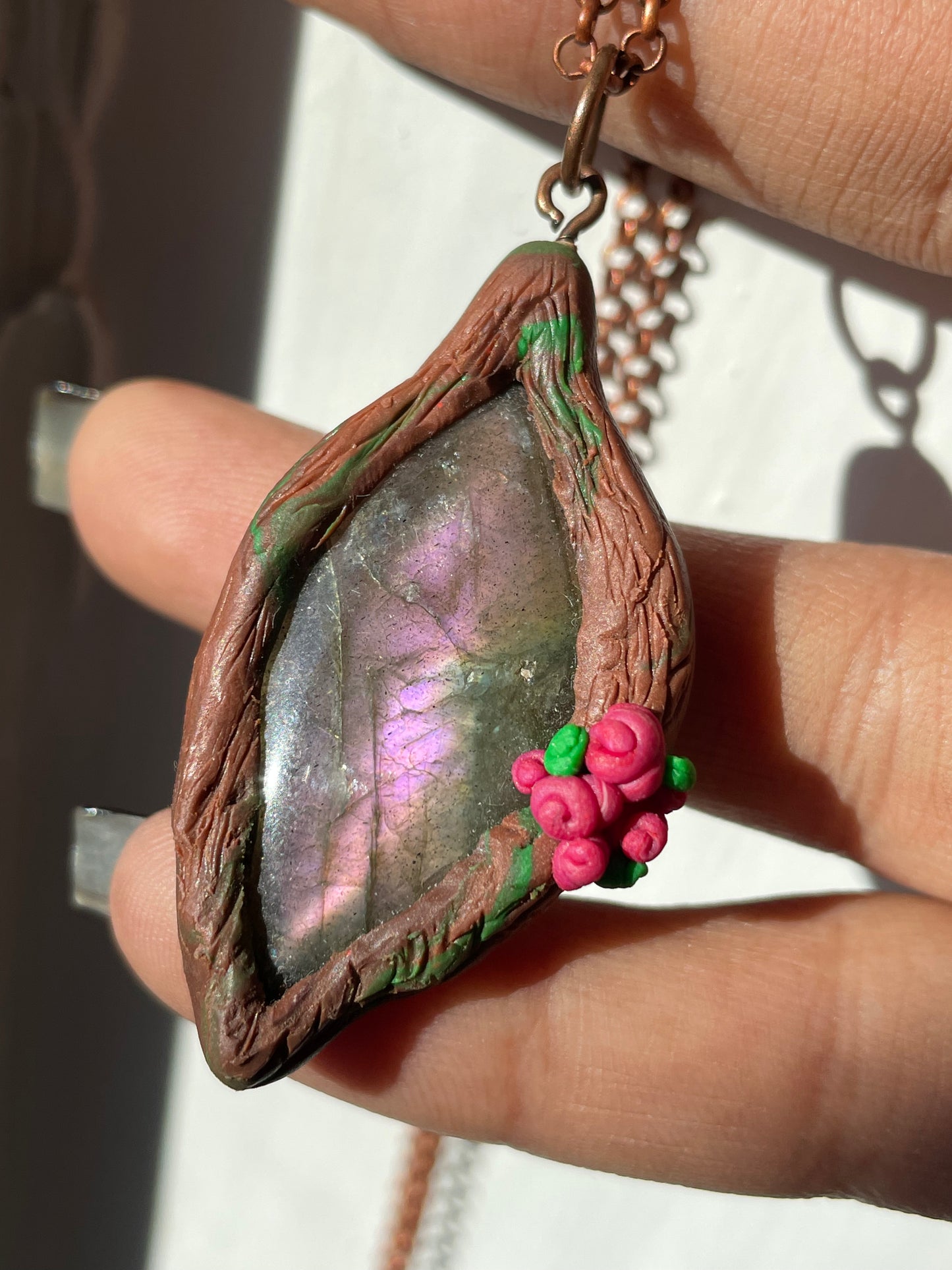 Purple Labradorite Crystal Gemstone Enchanted Rose Forest Clay Pendant Necklace