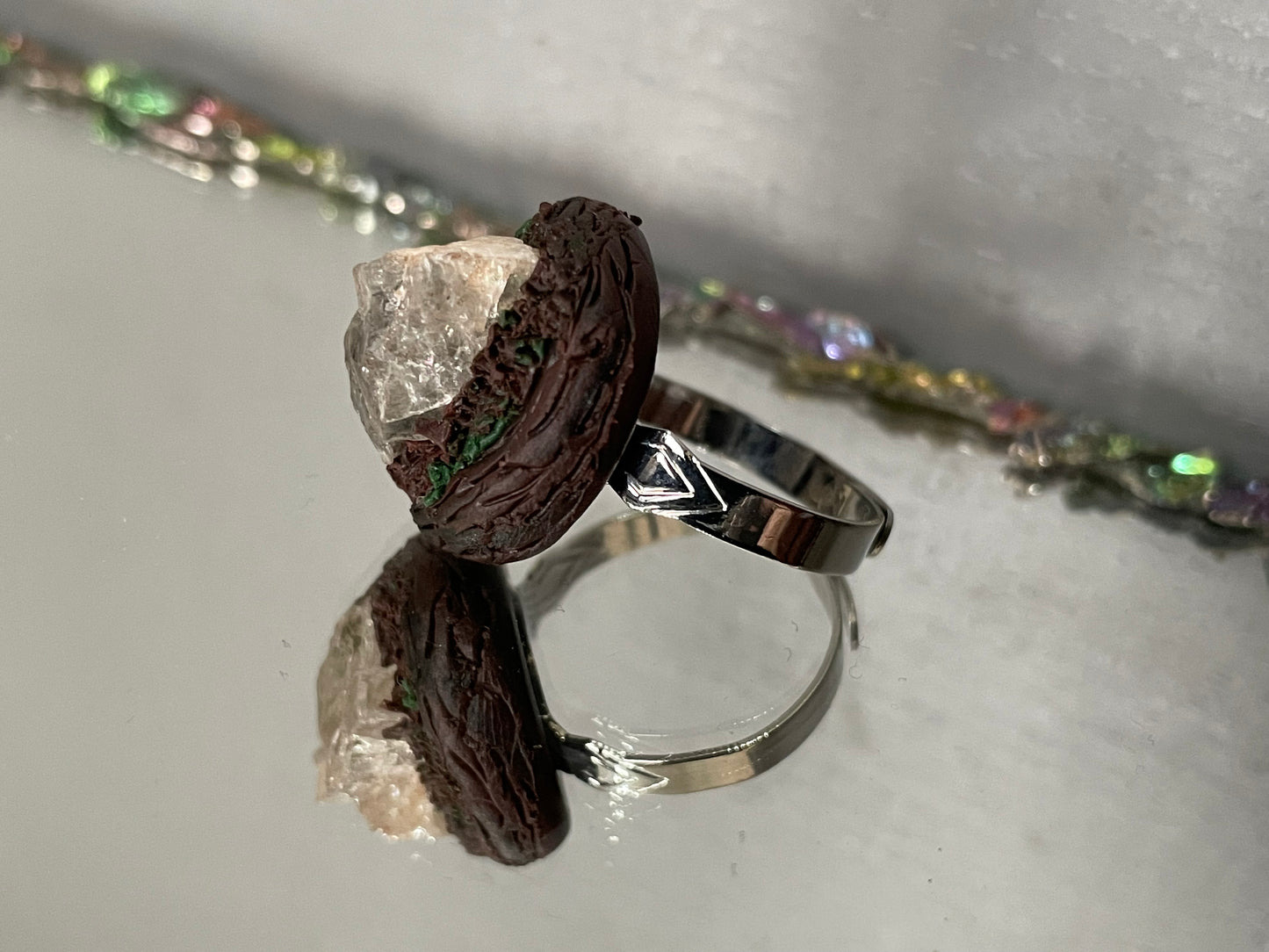 Quartz Crystal Gemstone Enchanted Forest Adjustable Ring - Silver