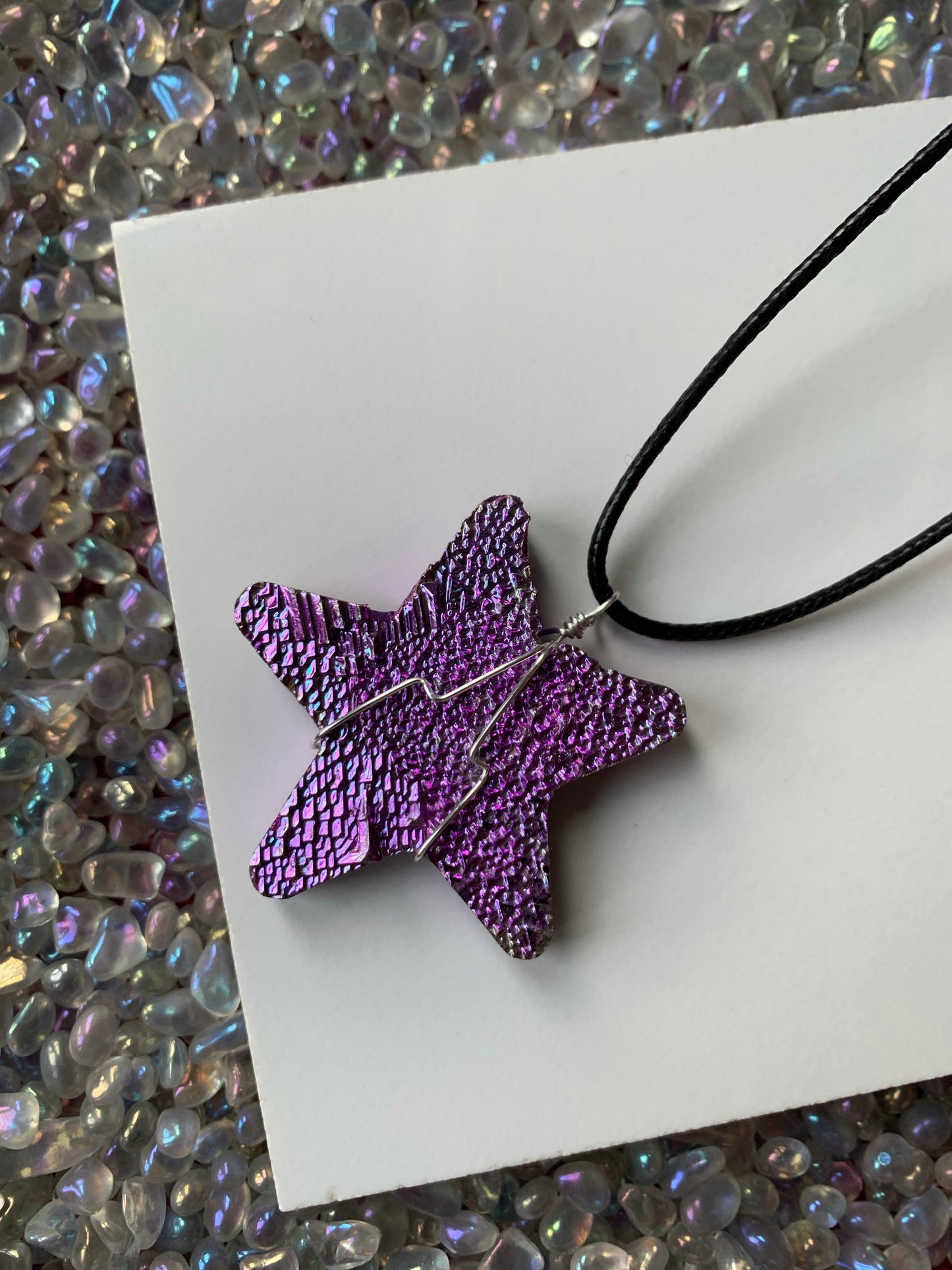 Pink Bismuth Star Crystal Cut Out Metal Art Cord Necklace