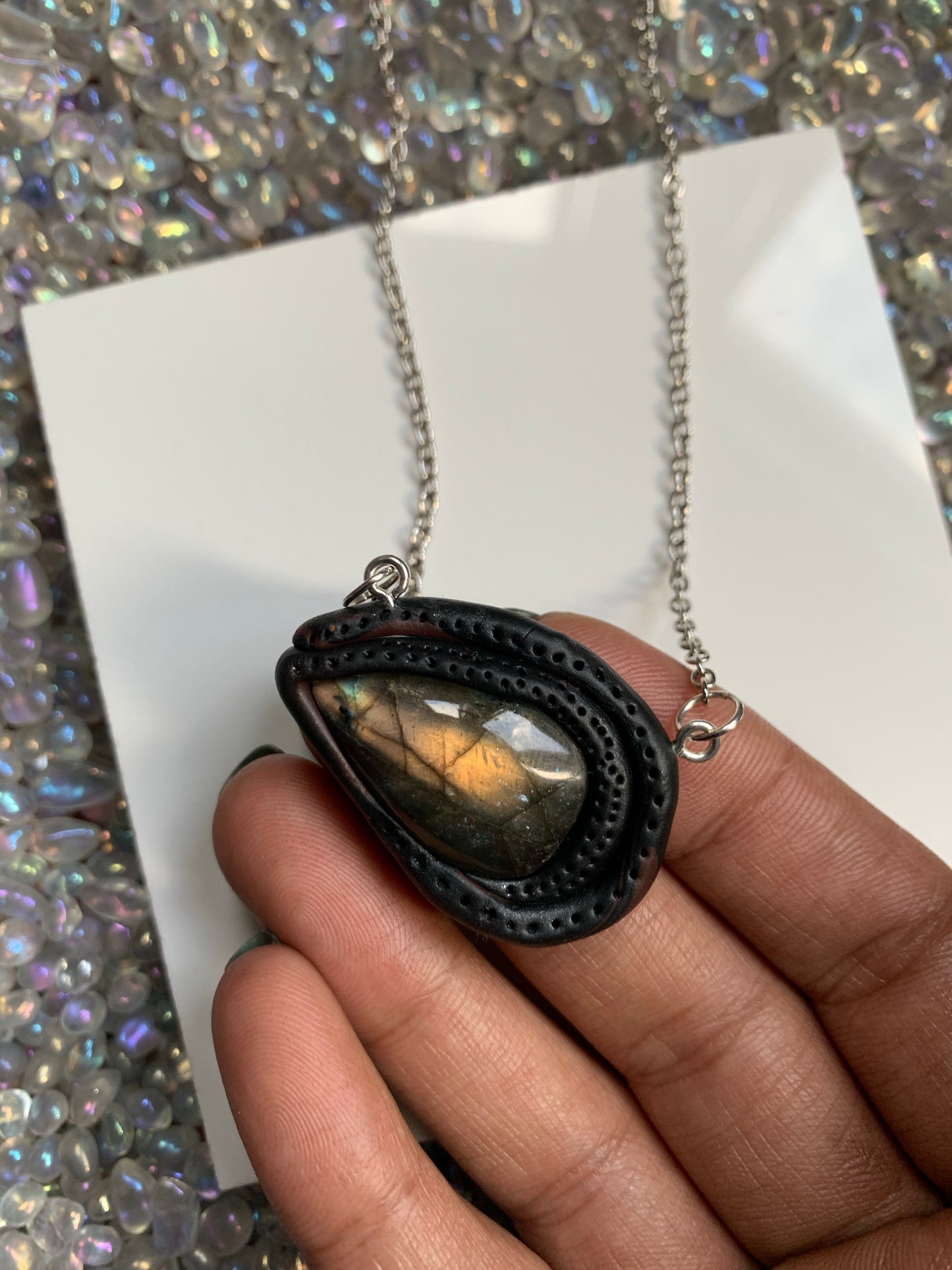 Ursula Black Clay - Blue Gold Labradorite Crystal Gemstone Pendant Necklace