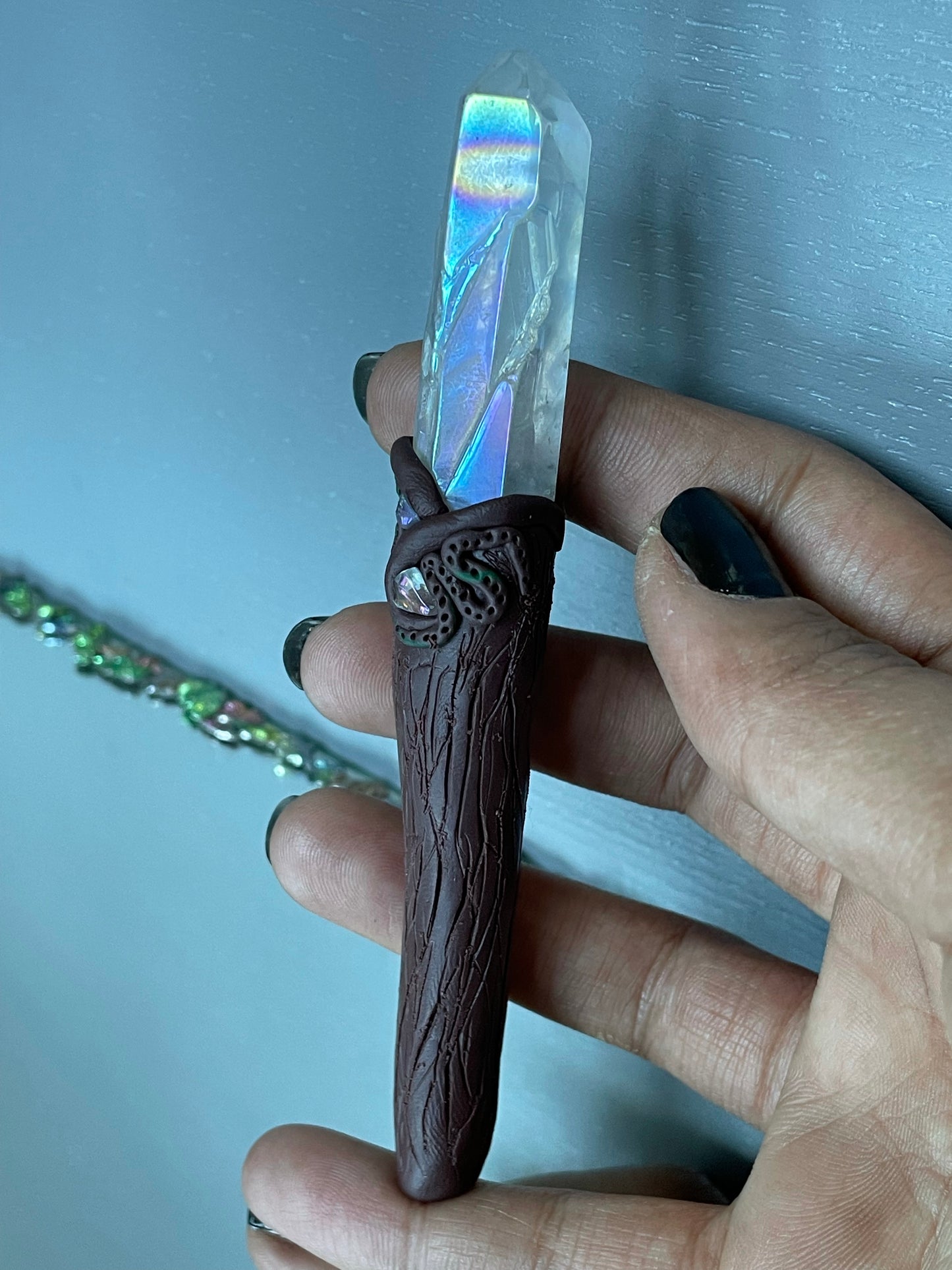 Angel Aura Quartz Crystal Gemstone Wooden Clay Wand (3)