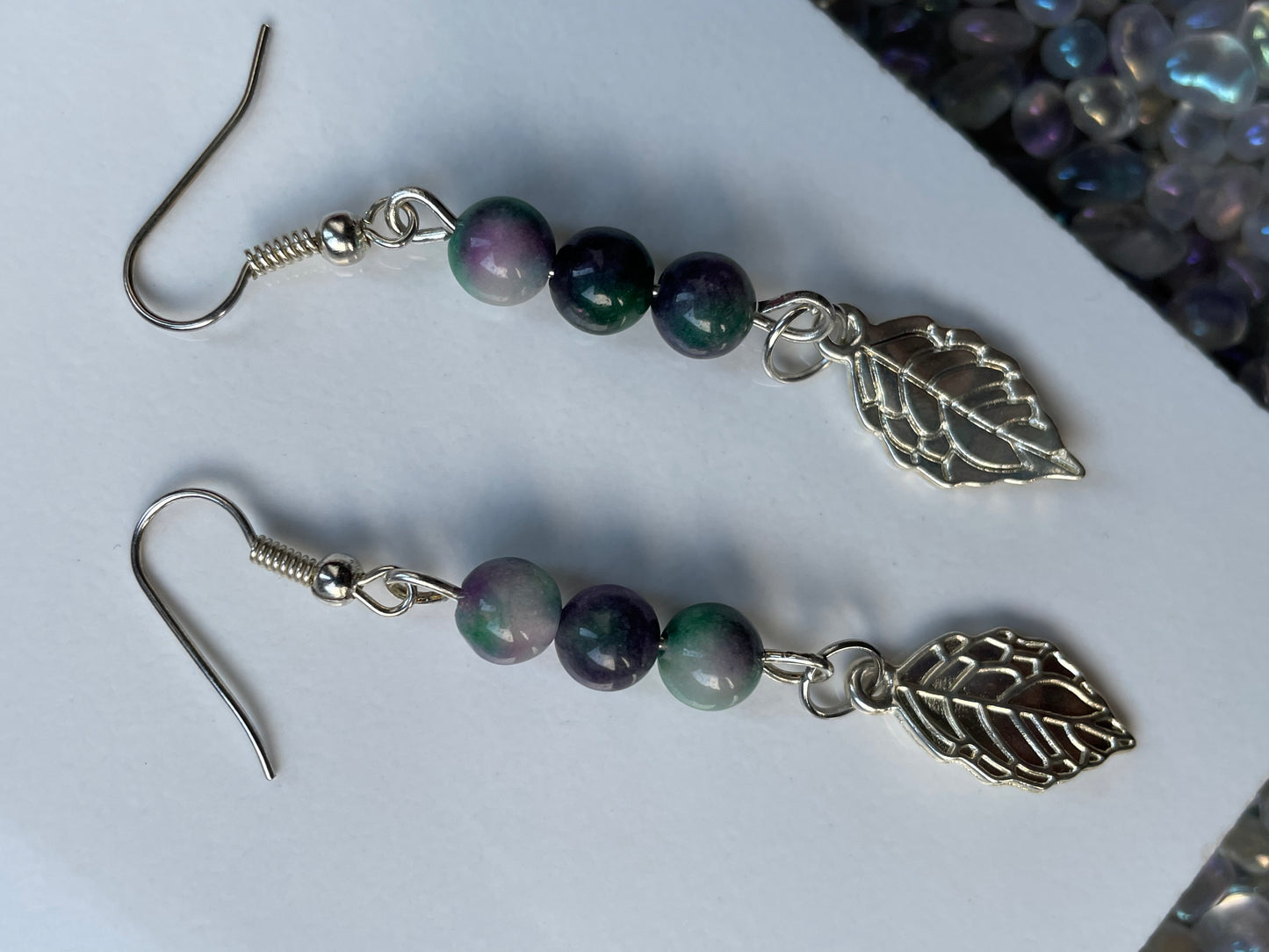 Green Purple Dyed Quartz Crystal Gemstone Leaf Silver Drop Earrings