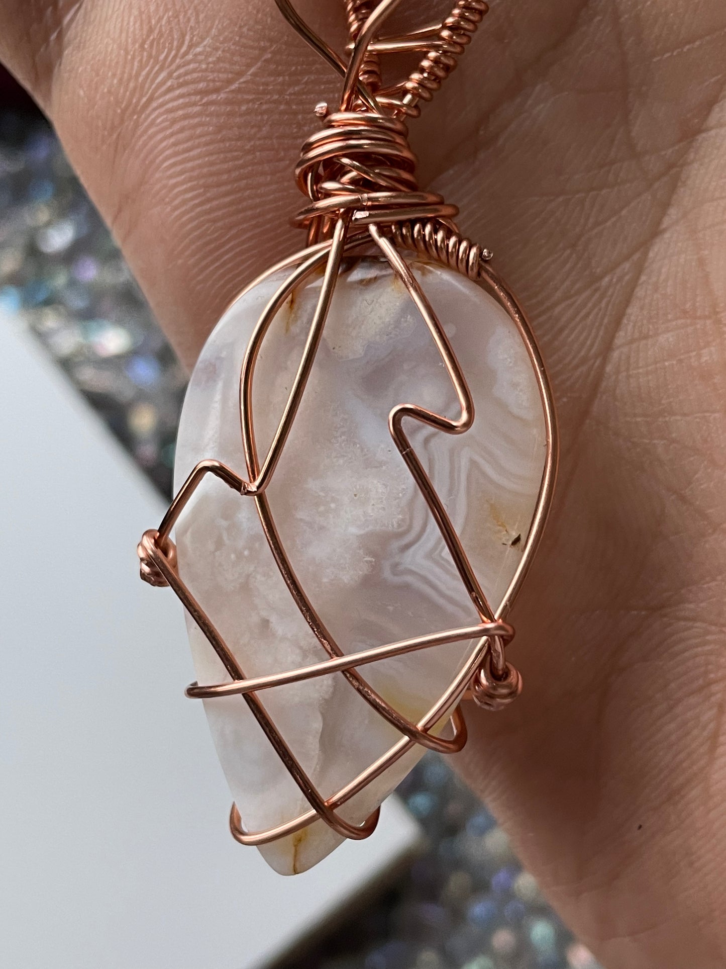 Flower Agate Crystal Gemstone Drop Copper Wire Necklace