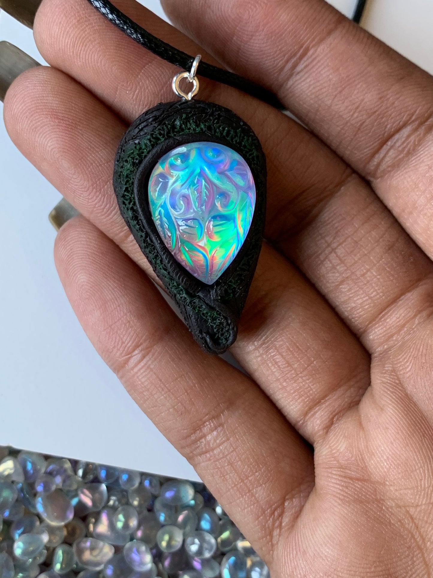 Carved Aurora Opal Doublet Crystal Gemstone - Enchanted Forest Necklace