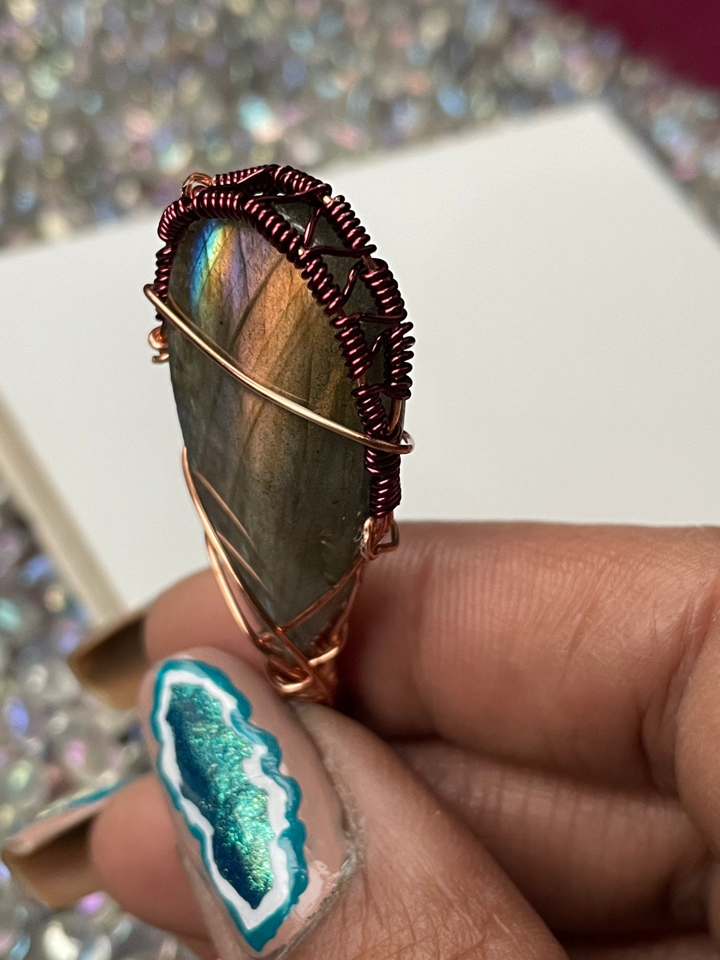 Labradorite Crystal Gemstone Wine Copper Wire Necklace (2)