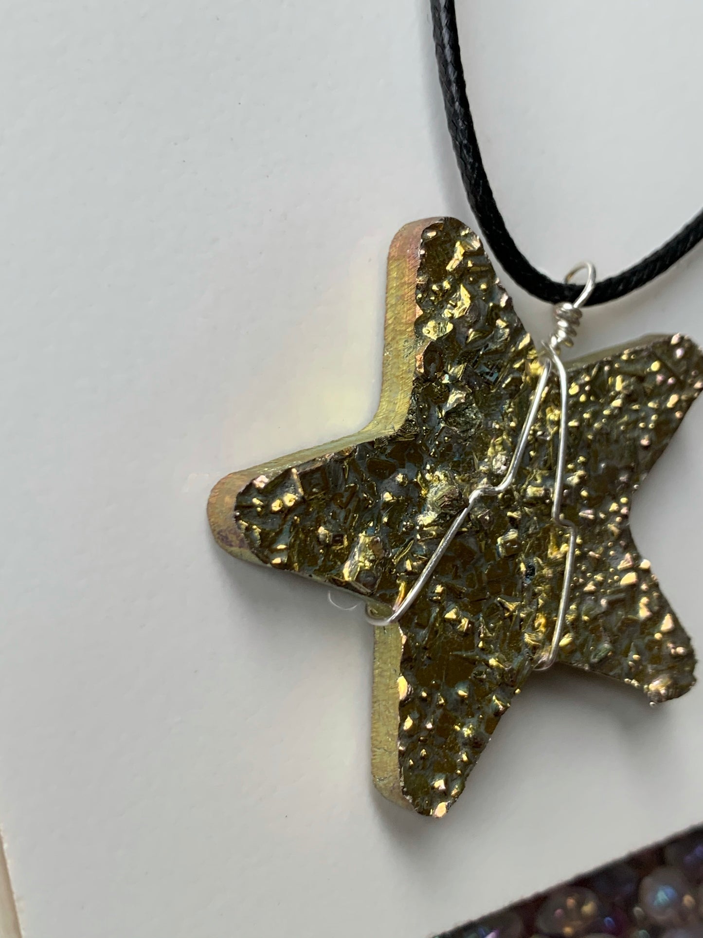 Gold Bismuth Star Crystal Cut Out Metal Art Cord Necklace