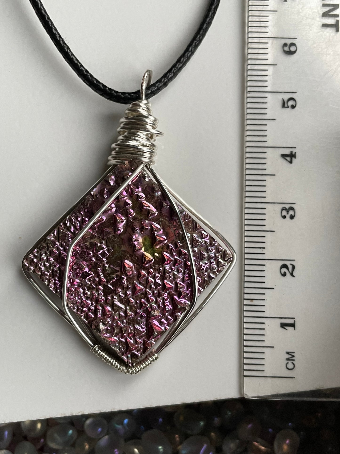 Pink Bismuth Square Crystal Cut Out Metal Art Necklace
