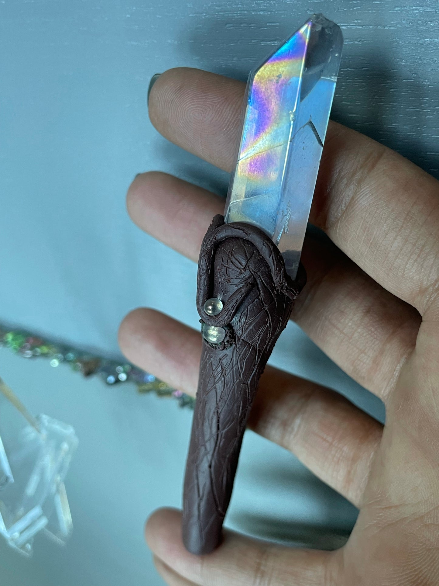 Angel Aura Quartz Crystal Gemstone Wooden Clay Wand (4)