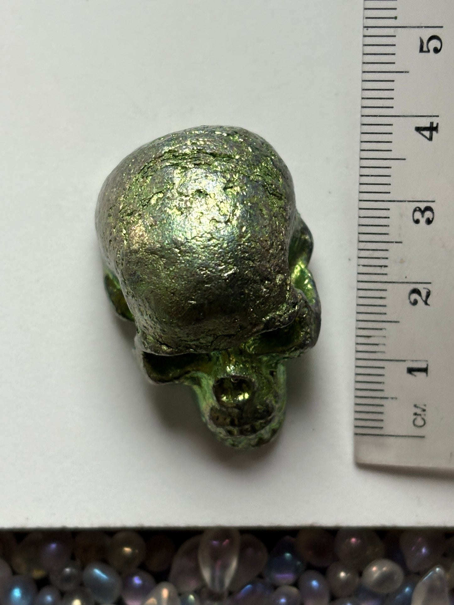 Green Bismuth Crystal Small Skull Metal Sculpture