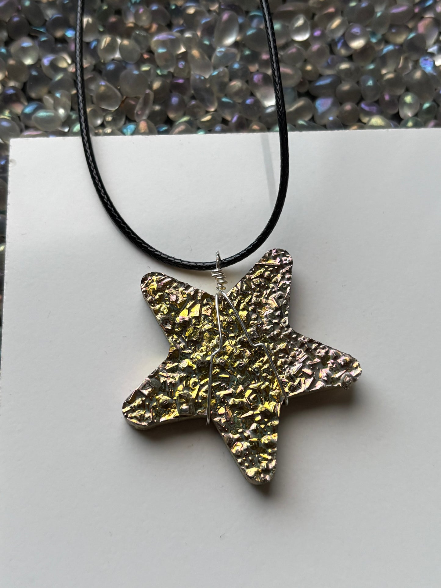 Gold Bismuth Star Crystal Cut Out Metal Art Cord Necklace