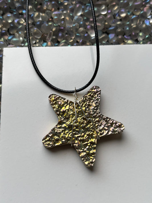 Gold Bismuth Star Crystal Cut Out Metal Art Cord Necklace