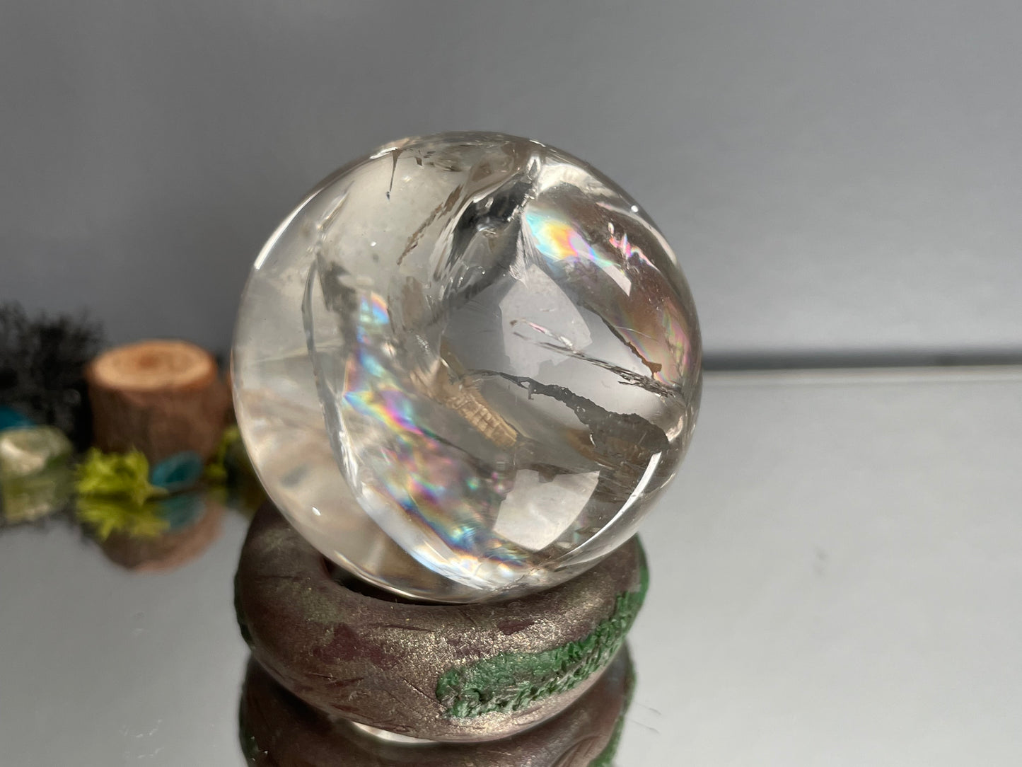 Rainbow Smoky Quartz Crystal Gemstone Sphere Clay Ring Holder Gift Set