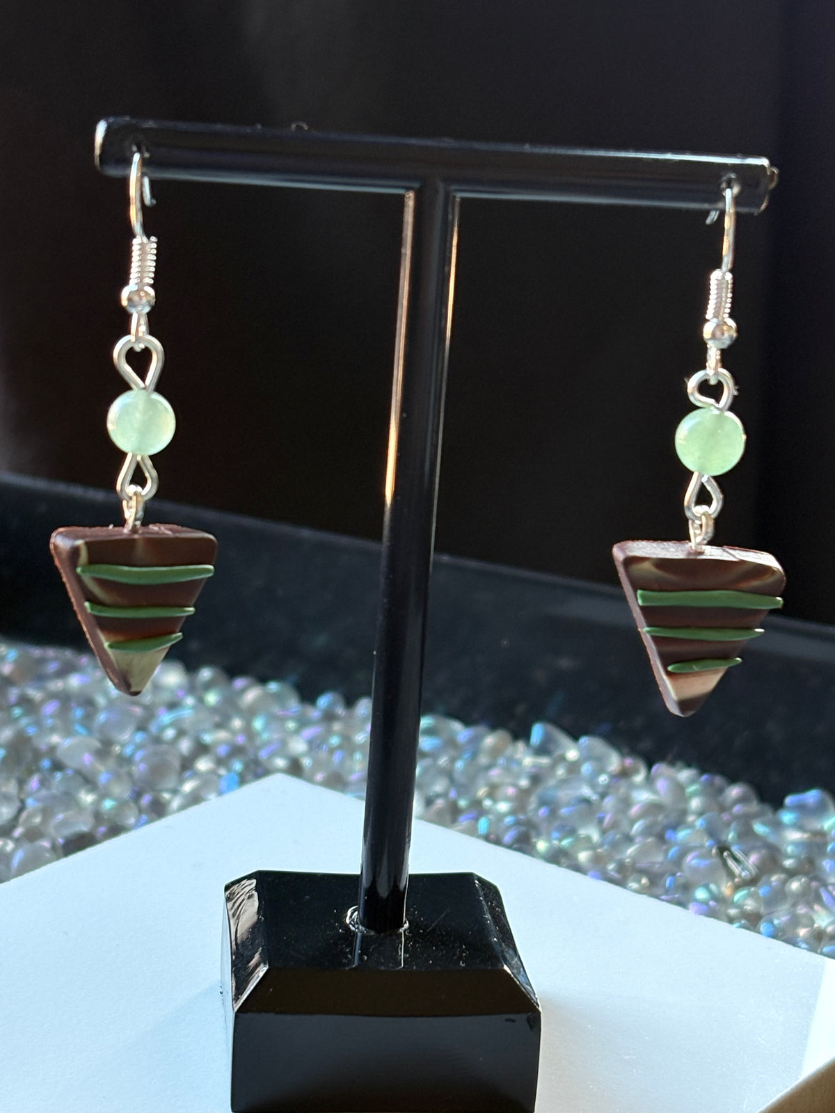 Chocolate Candy Triangle Clay & Green Aventurine Crystal Gemstone Silver Earrings