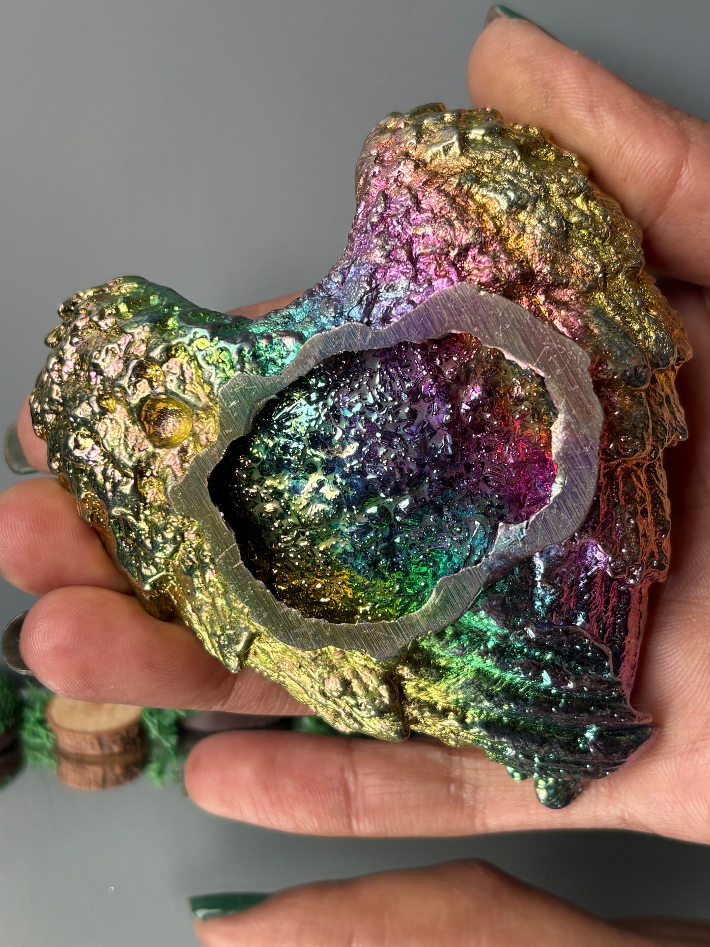 Rainbow Bismuth Crystal Angel Wing Dish / Sphere Holder Metal Art Sculpture