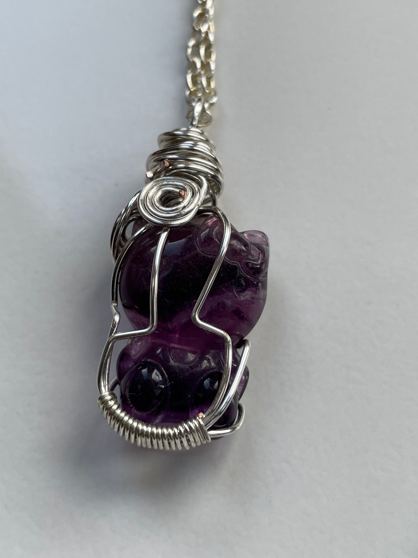 Fluorite Crystal Gemstone Hello Kitty Carving Silver Wire Wrap Necklace