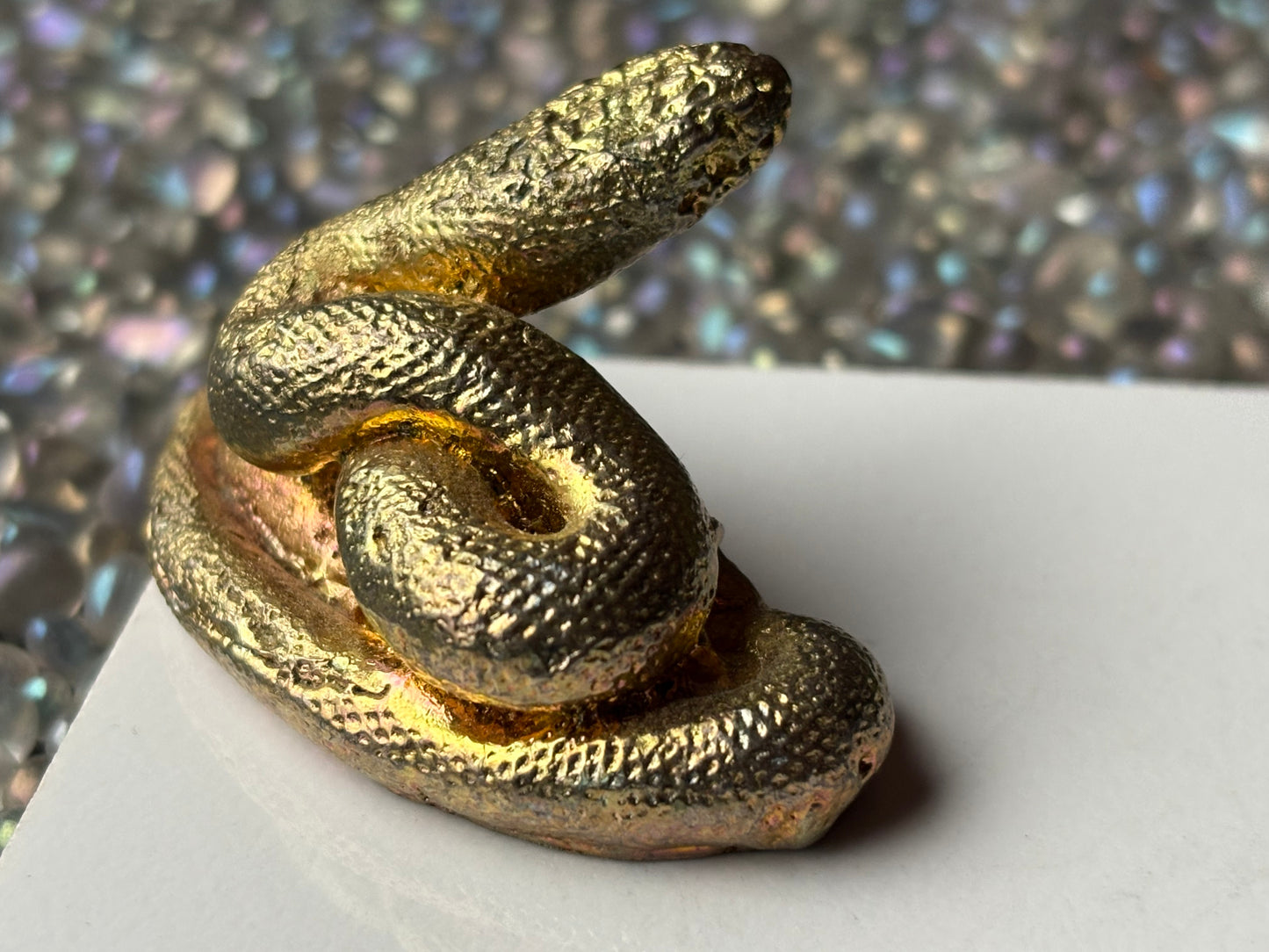 Gold Peach Bismuth Crystal Coil Snake Metal Art Sculpture