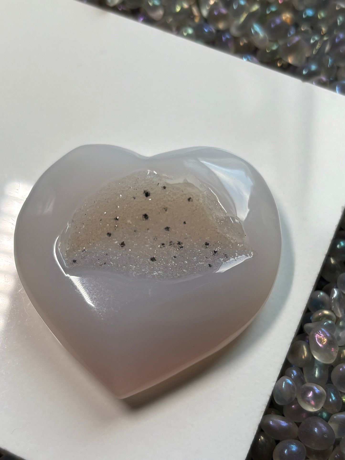 Grey Druzy Agate Crystal Heart Carving - Small