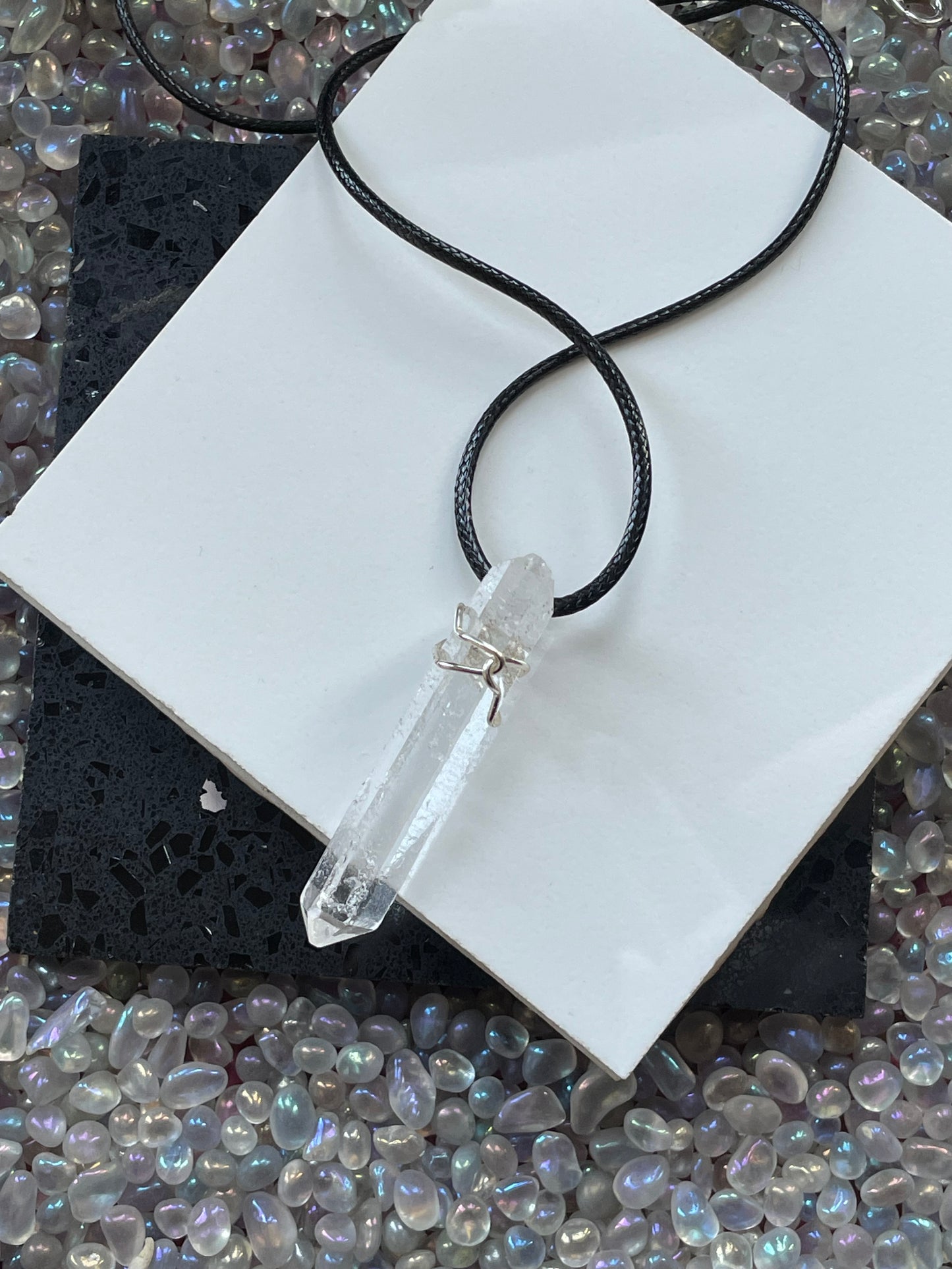 Lemurian Quartz Crystal Gemstone Wire Wrap Necklace - Silver