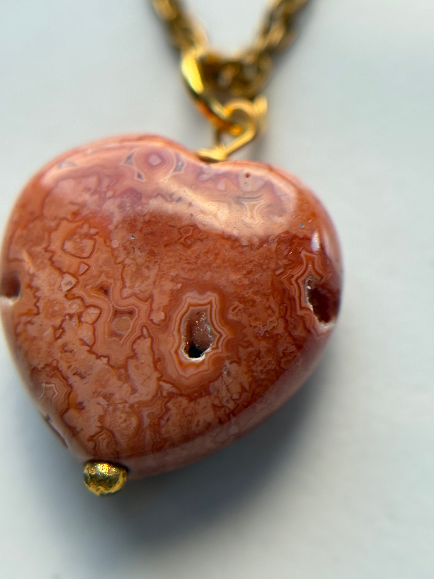 Orange Agate Druzy Coral Fossil Crystal Gemstone Heart Carving Necklace