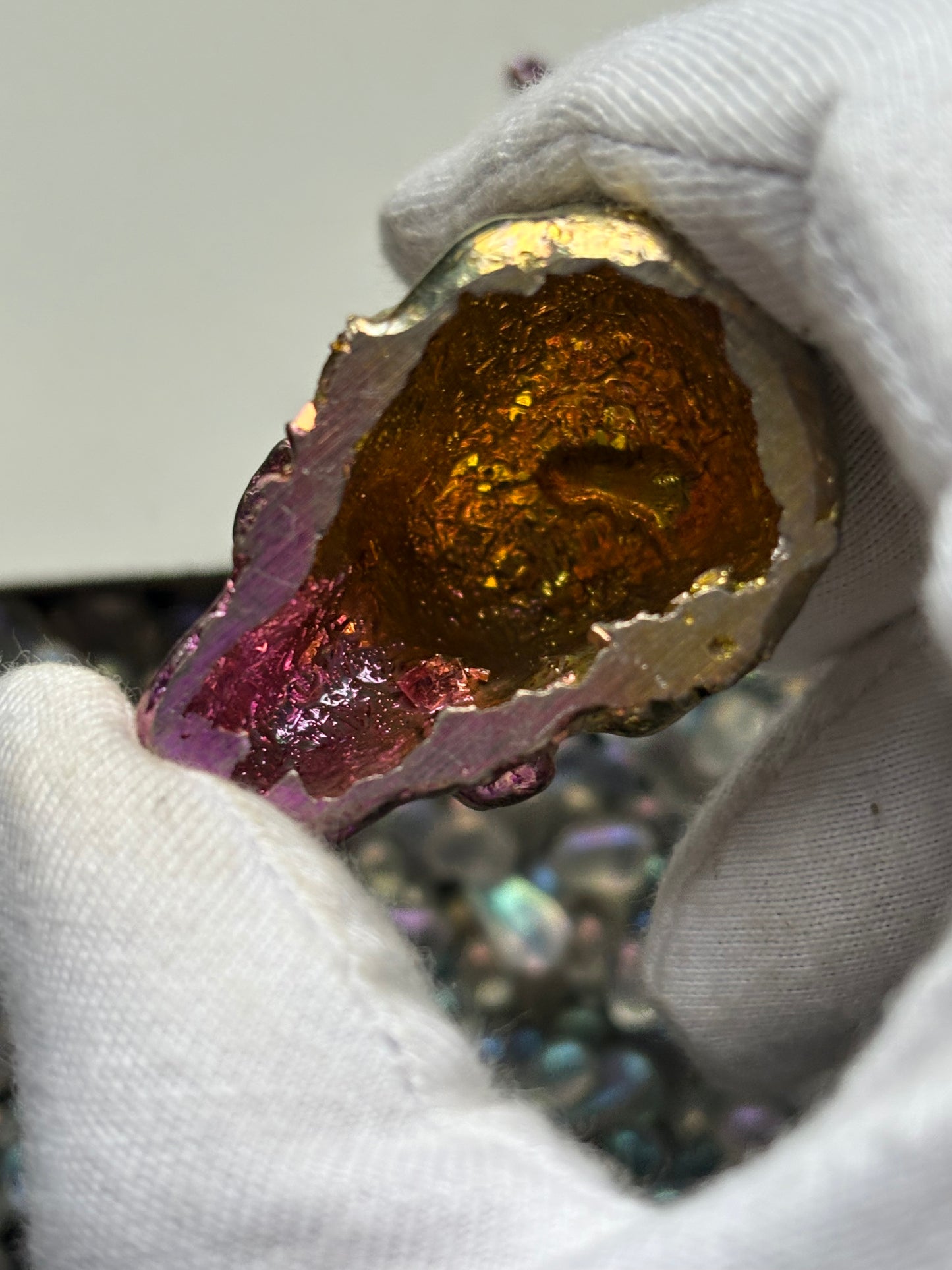 Gold Pink Bismuth Crystal Small Skull Metal Sculpture