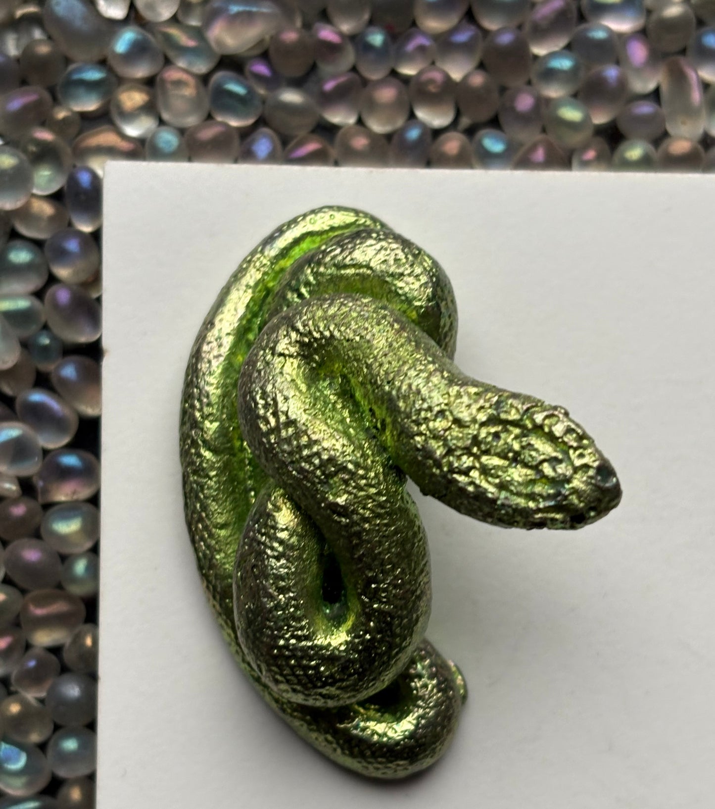 Green Bismuth Crystal Coil Snake Metal Art Sculpture