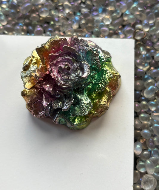 Rainbow Bismuth Crystal Rose Flower Metal Art Sculpture - Large