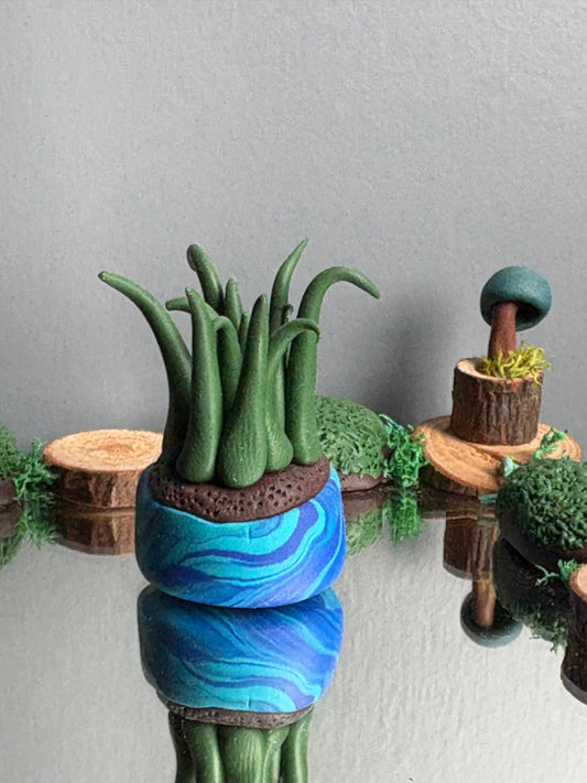 Grassy Potted Plant Clay Sphere Mini Holder - Blue (1)