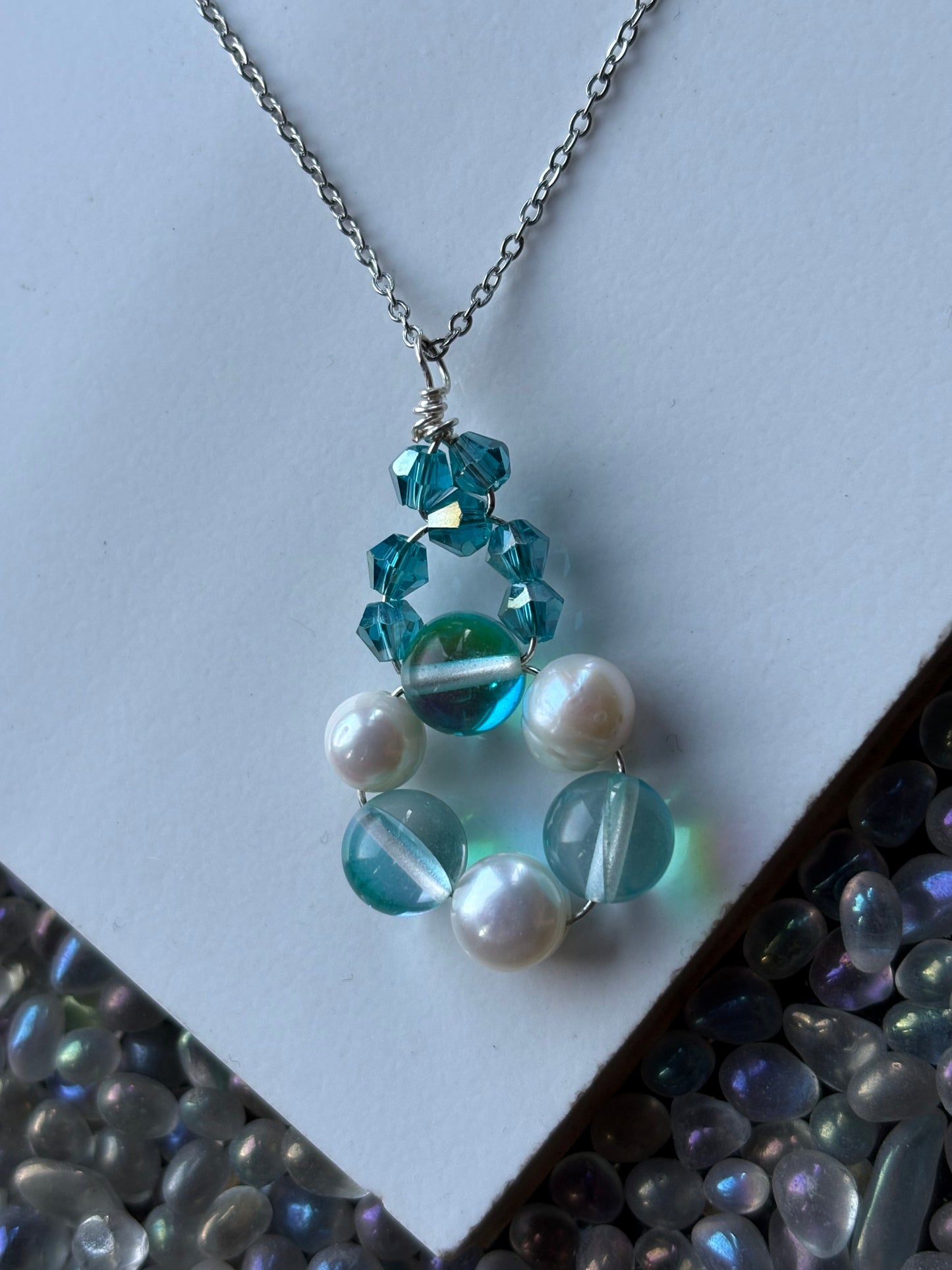 Aqua Aura Quartz & Pearl Gemstone Crystal Pendant Necklace