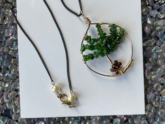 Diopside Gemstone Crystal Tree of Life Wire Wrapped Necklace (Certified)