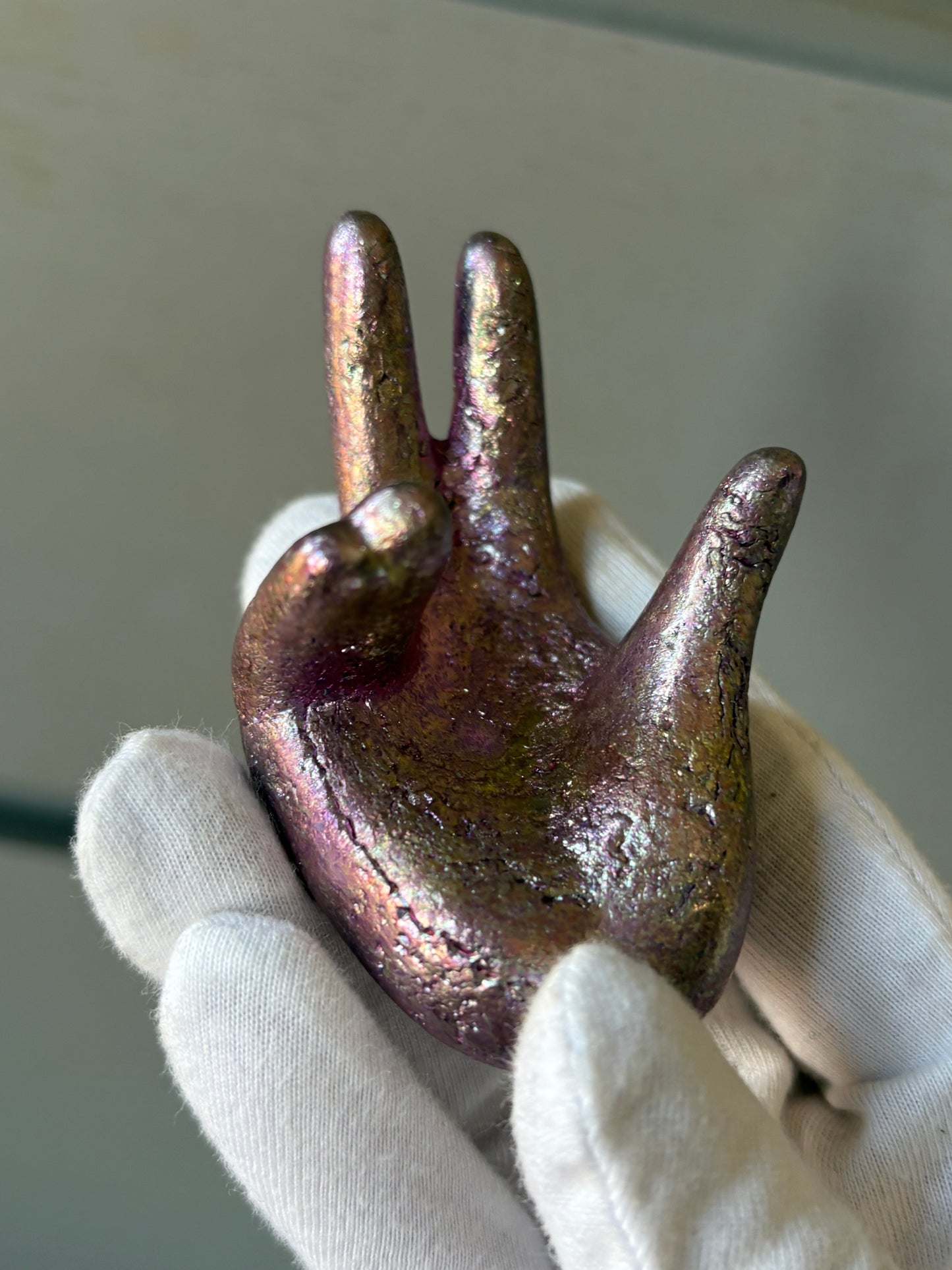 Pink Bismuth Crystal Hand Sphere Holder Metal Art Sculpture