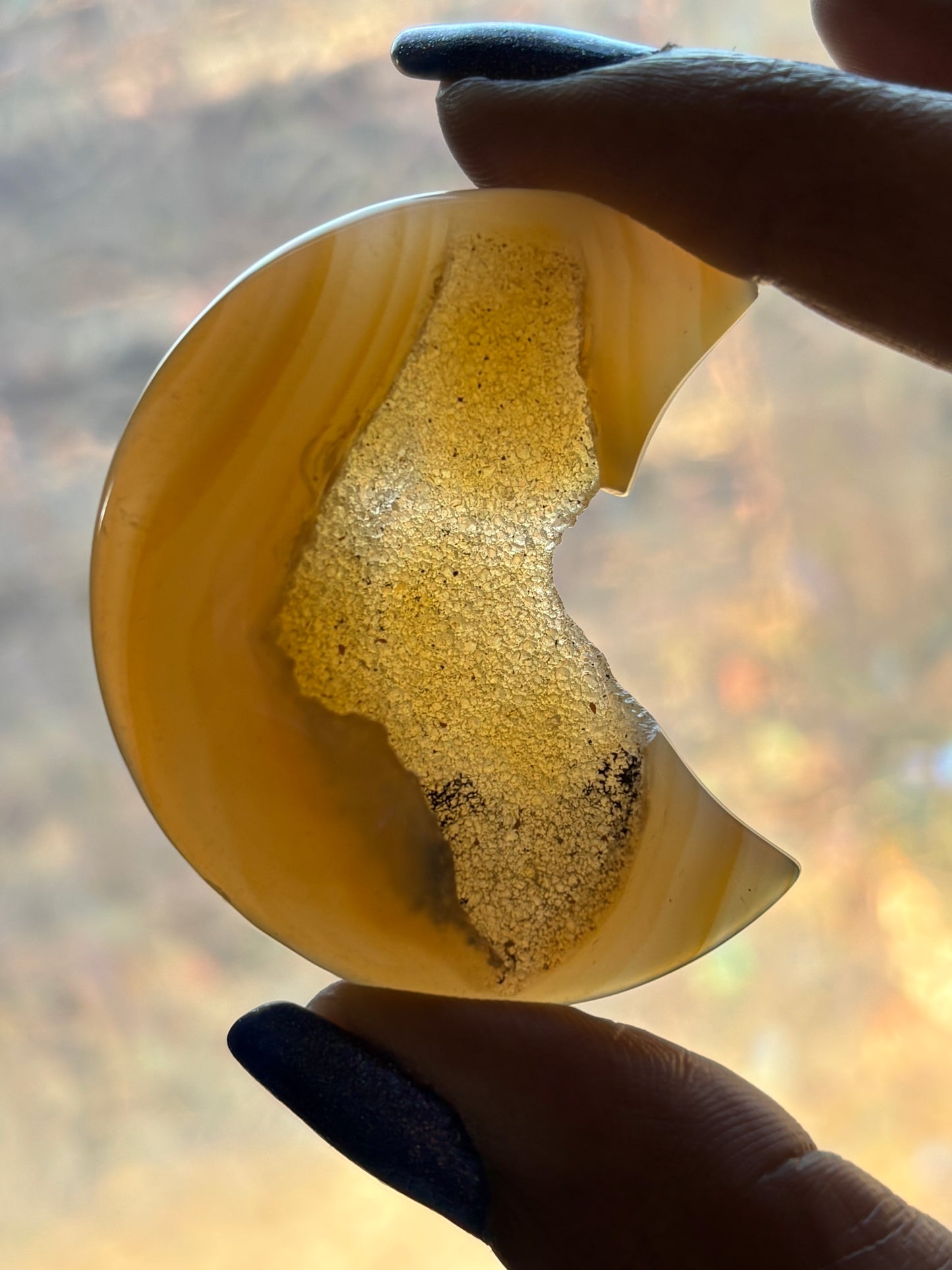 Cream Yellow Druzy Agate Gemstone Crystal Crescent Moon Carving