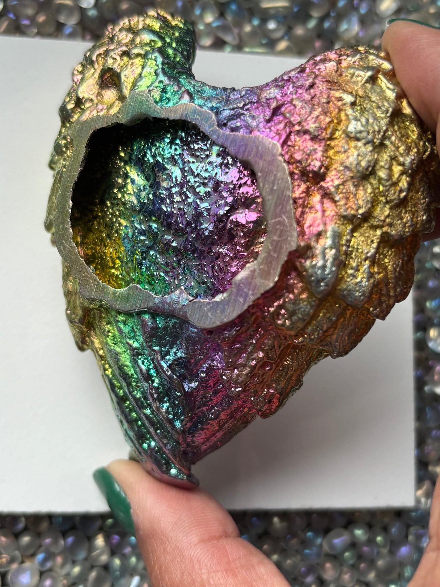 Rainbow Bismuth Crystal Angel Wing Dish / Sphere Holder Metal Art Sculpture