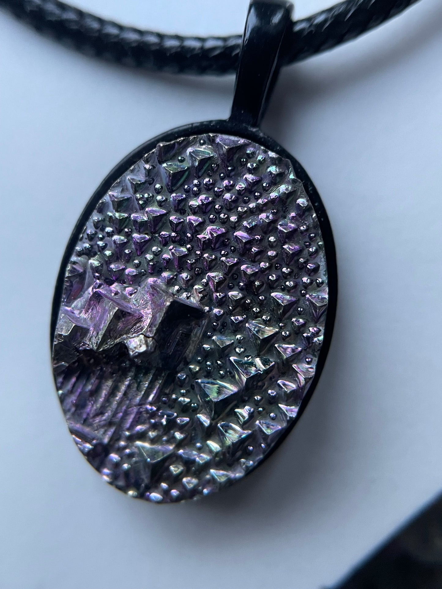 Purple Bismuth Crystal Metal Art Cord Necklace MINI OVAL
