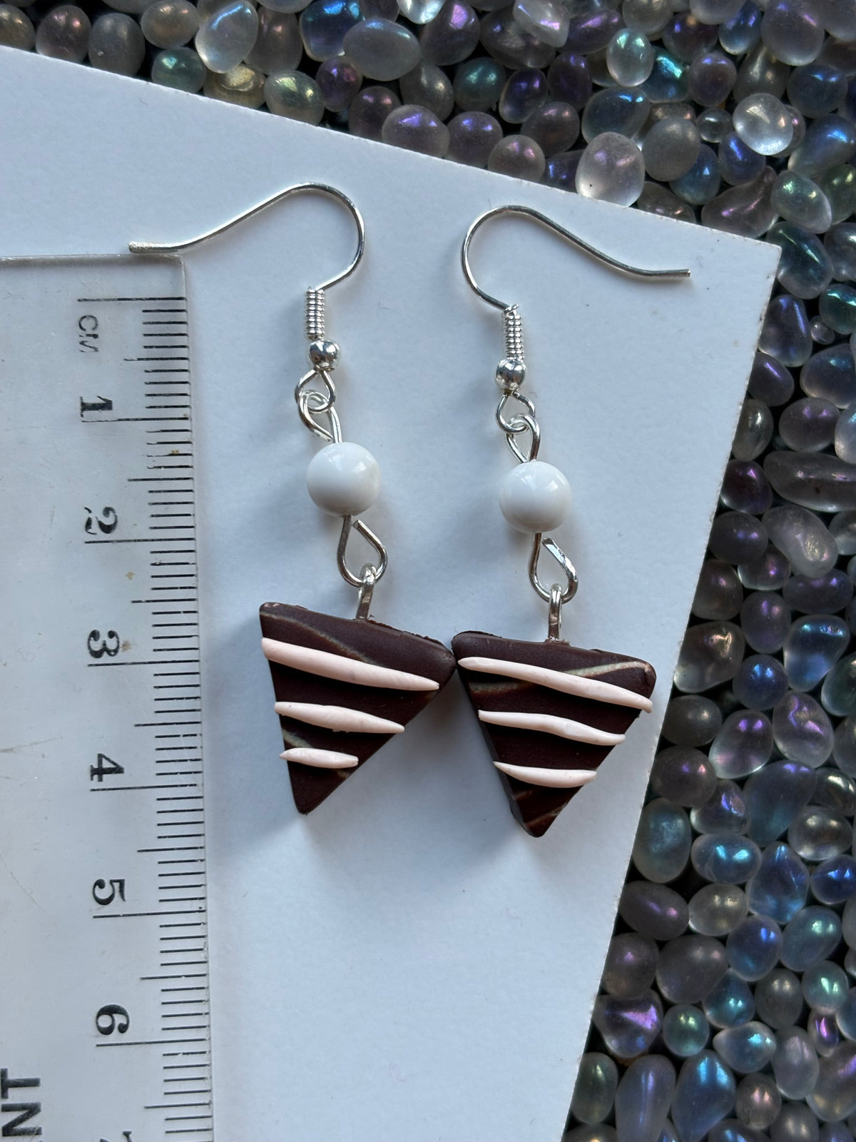 Chocolate Candy Triangle Clay & White Howlite Crystal Gemstone Silver Earrings