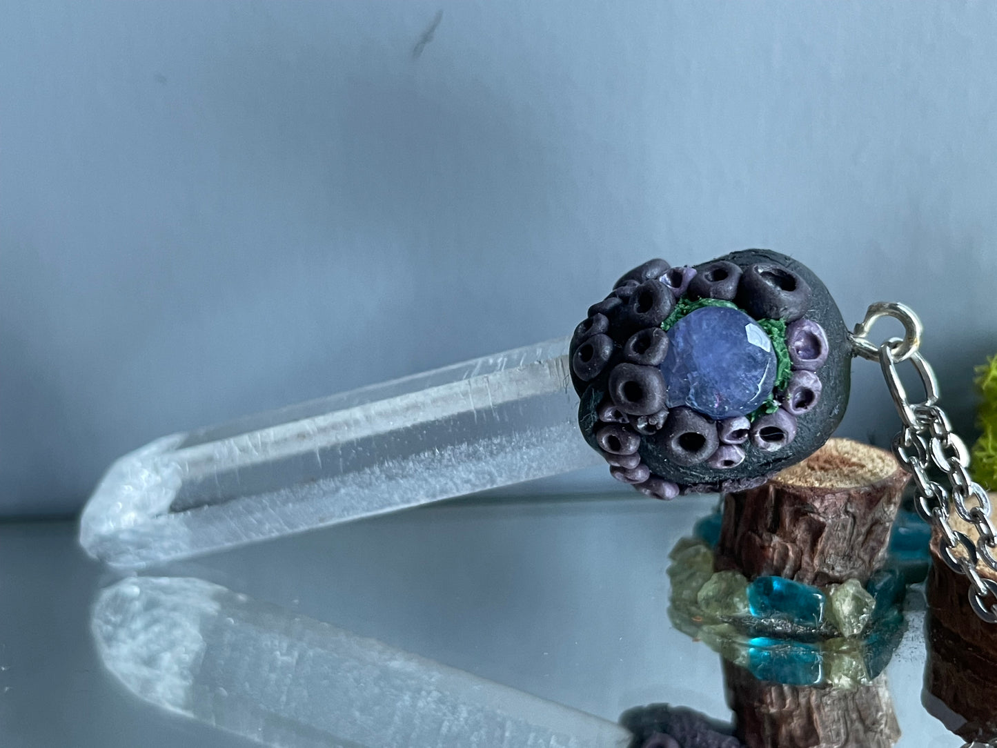 Tanzanite Lemurian Quartz Crystal Gemstone Dark Coral Necklace (Certified)