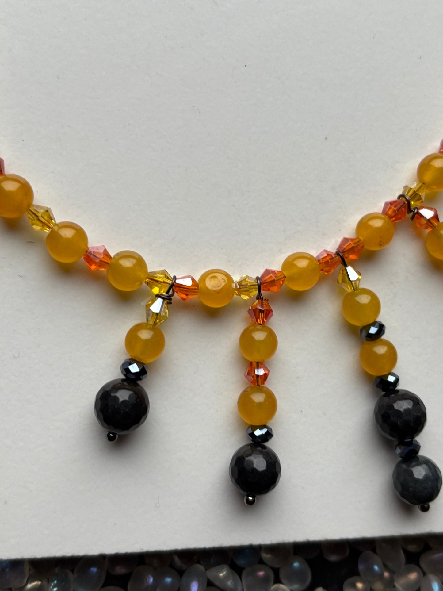 Sunflower - Mango & Black Quartz Crystal Beaded Gemstone Necklace