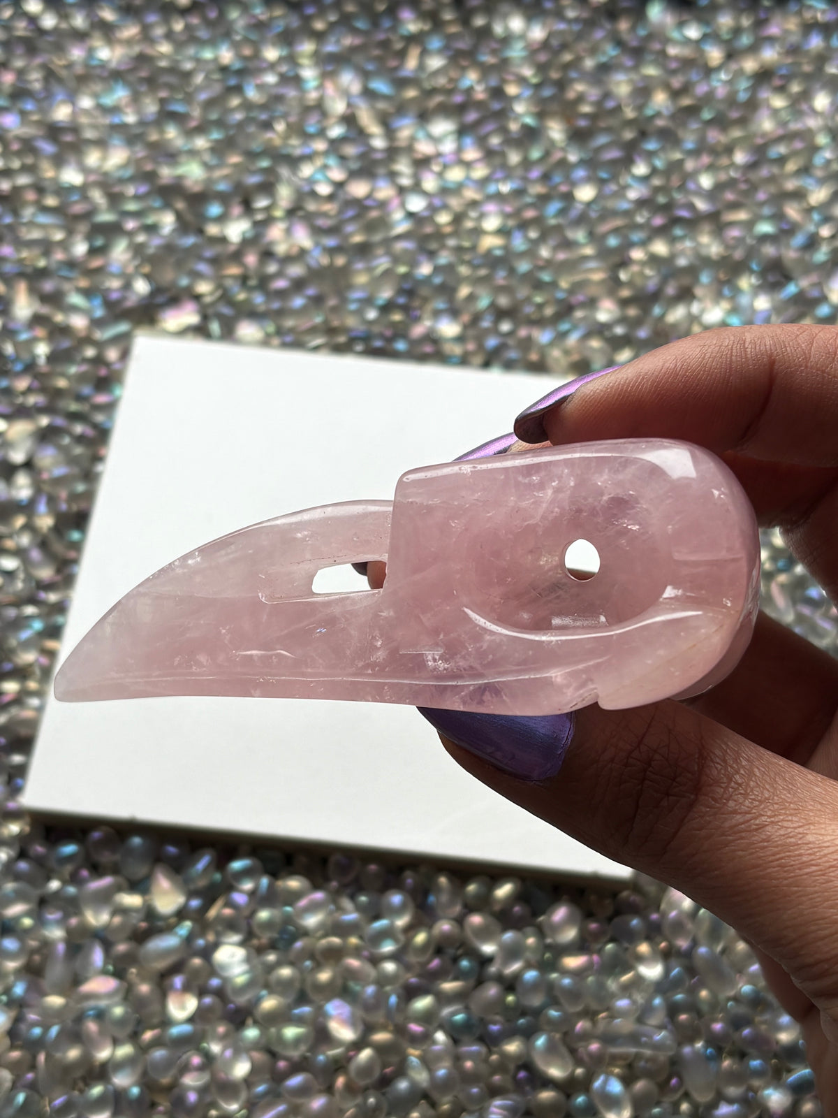Rose Quartz Gemstone Crystal Raven Skull Carving - Large