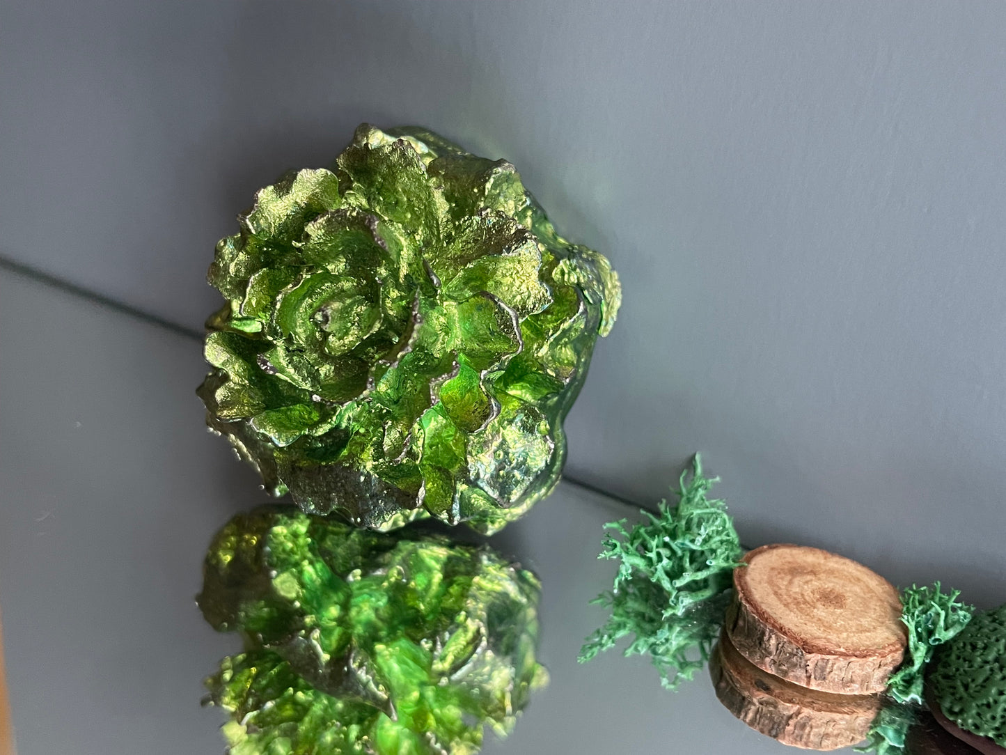 Green Bismuth Crystal Small Rose Flower Metal Art Sculpture