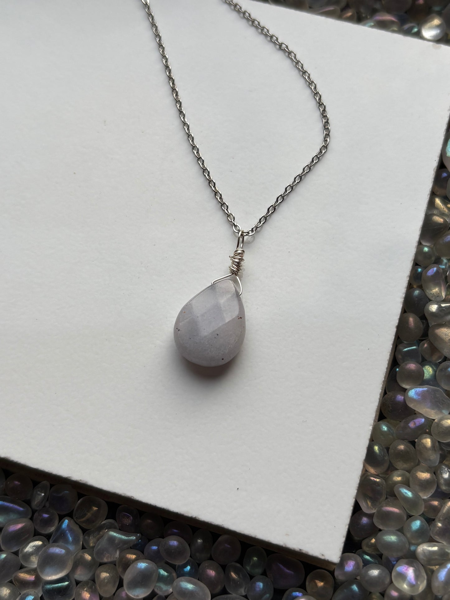 Grey Quartzite Crystal Gemstone Teardrop Silver Necklace (Certified)